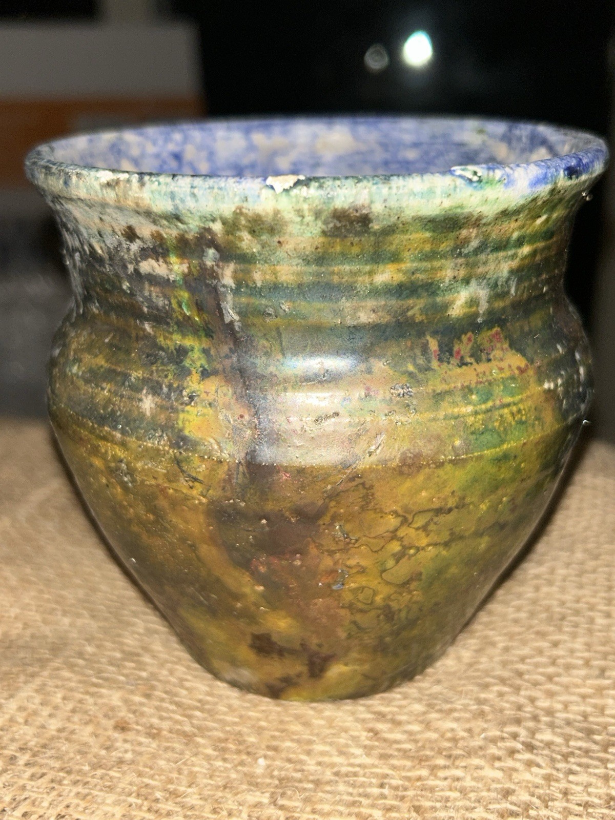 Original Raku Green Metallic Planter/ Pot/Vase 4”T 4 1/8”Diam Top Signed A820