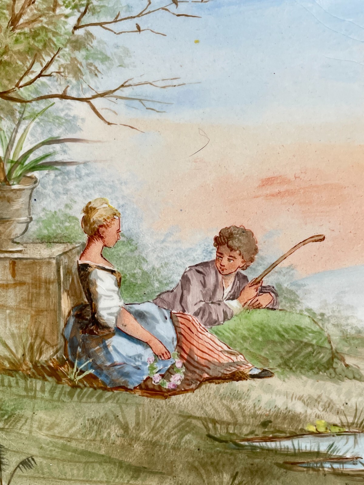 2 Antique hand painted Continental porcelain 8×8 TILE PLAQUE Victorian Romance