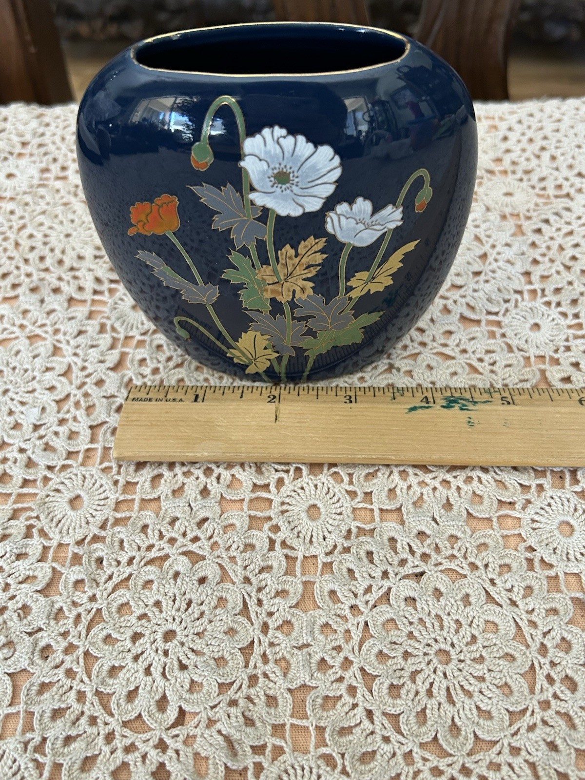 Vintage Yamaji Japan Blue Ceramic Porcelain Vase With Wild Flowers Beautiful EUC