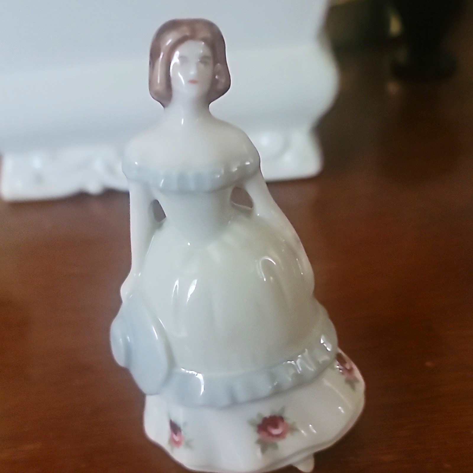 Porcelain Girl Figurine Bell, Glossy White Dress with Pink Floral Trim
