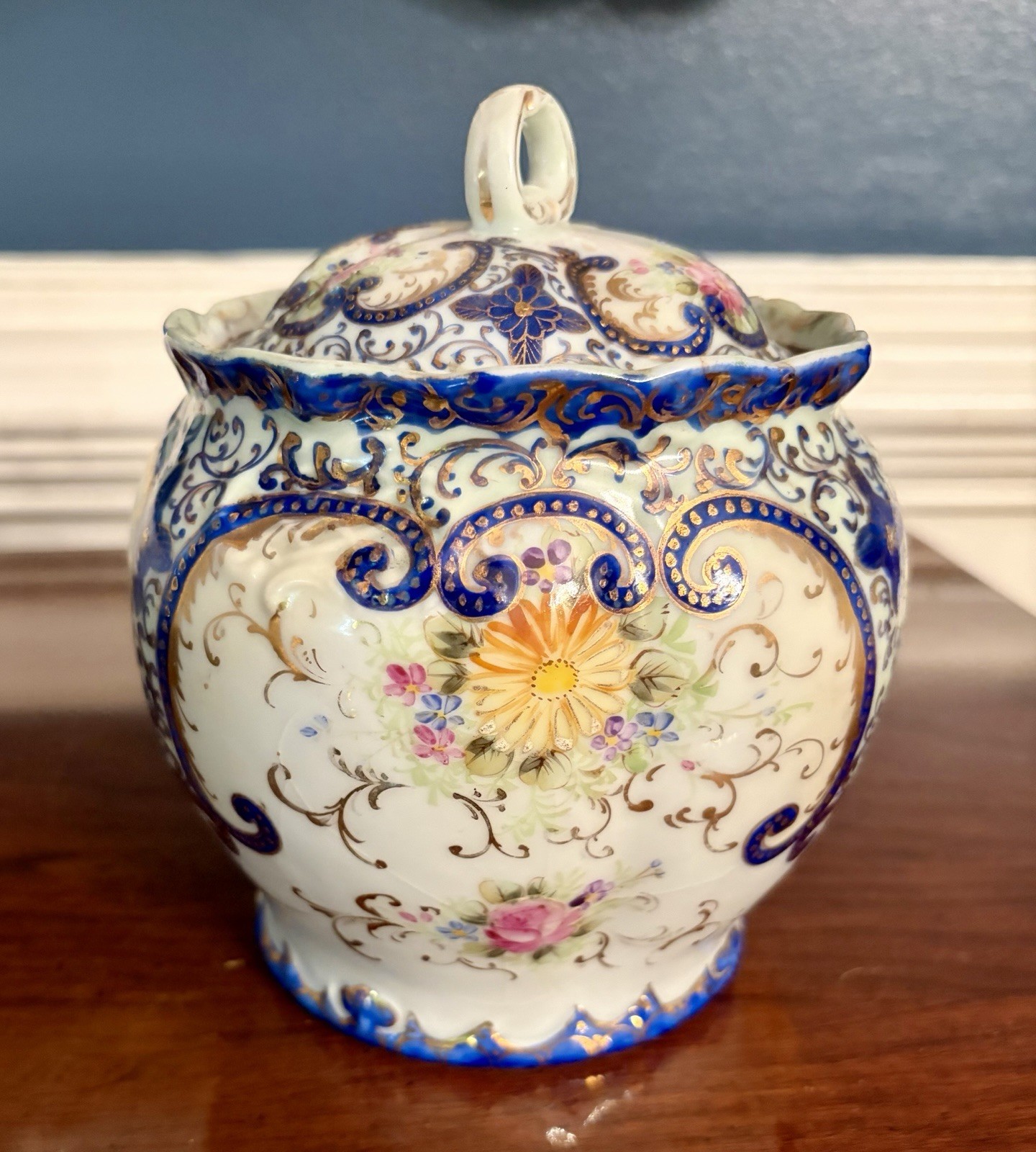 Antique French Hand Painted Porcelain Biscuit Jar w Lid; Blue w flowers & Gold