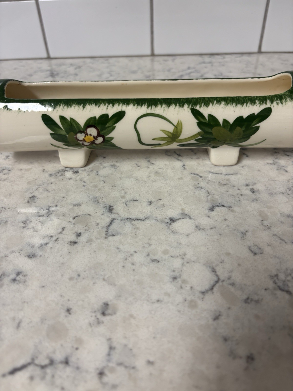 Hand-painted Blue Ridge Pottery Wild Strawberry platter and rolling pin planter.