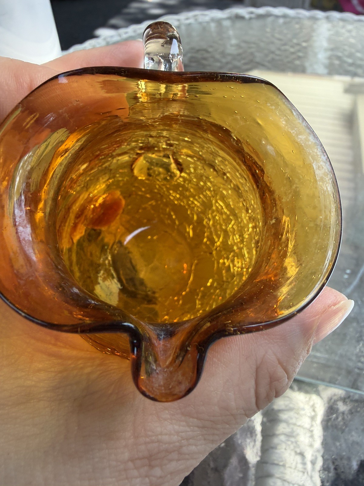 Amber Crackle Glass Pitcher Mini Vase Yellow Gold Hand Blown 3 3/4”Creamer