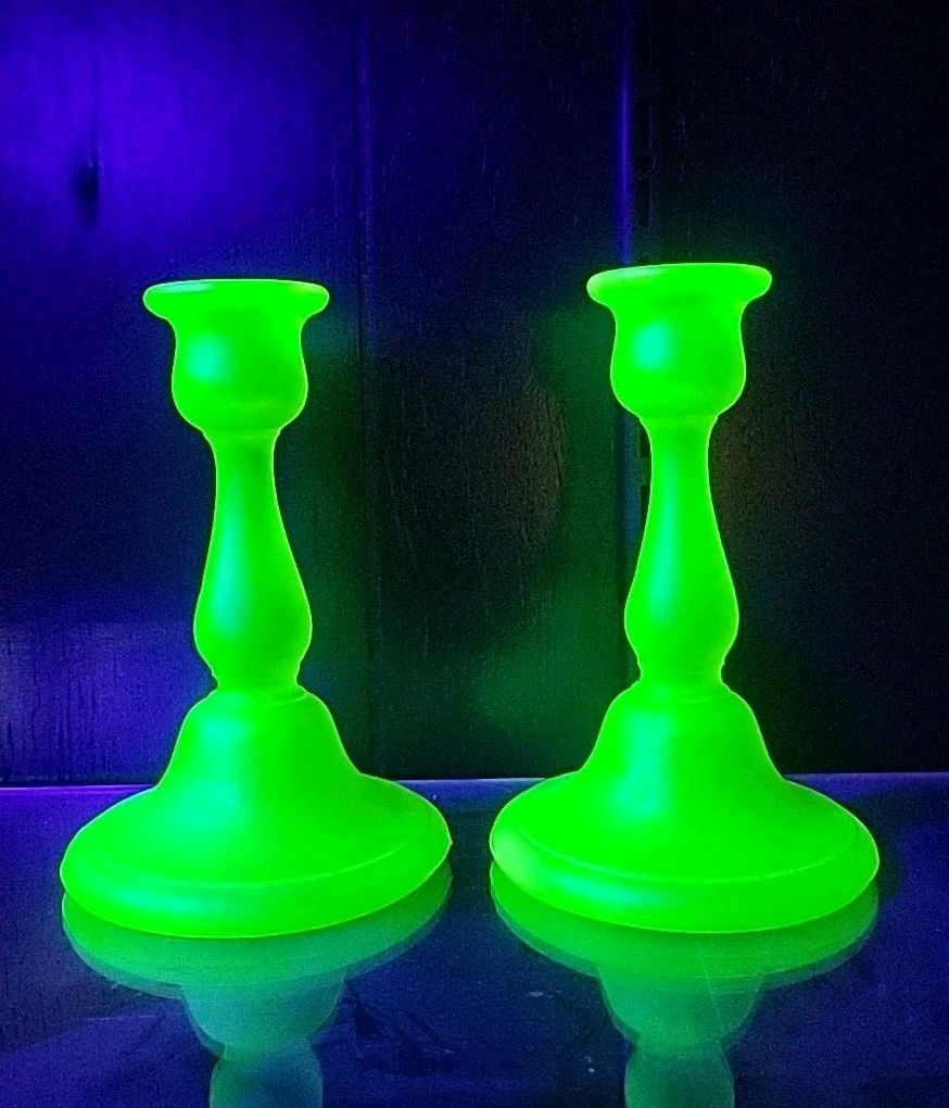 PAIR Of VASELINE Tiffin Satin Canary Yellow Glass Candlestick Holders 6.5″H