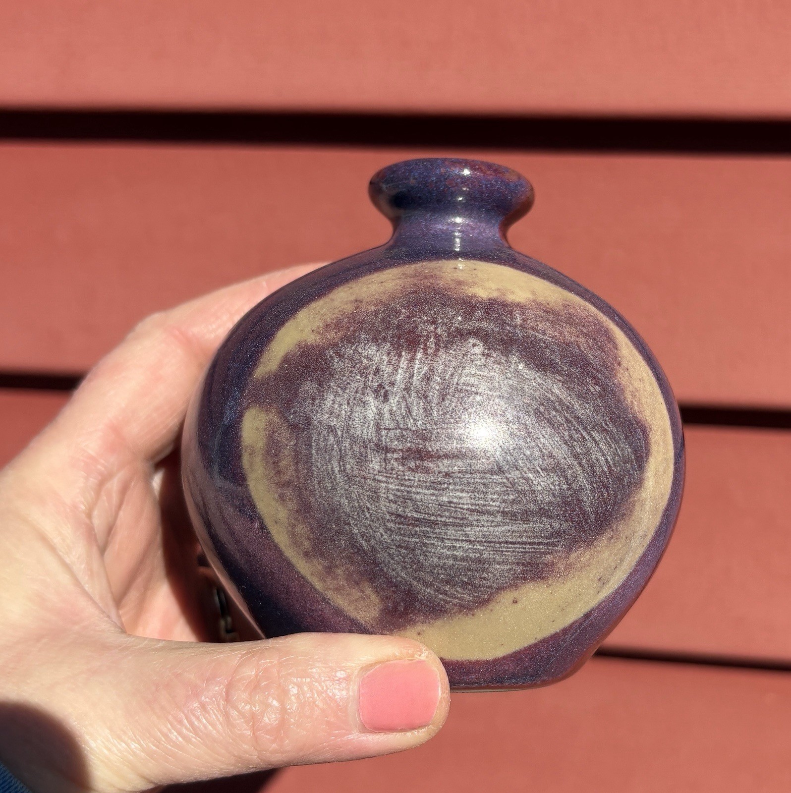 Bud Vase Artist Signed Studio Art Pottery Purple Drip Glaze Speckled Stoneware