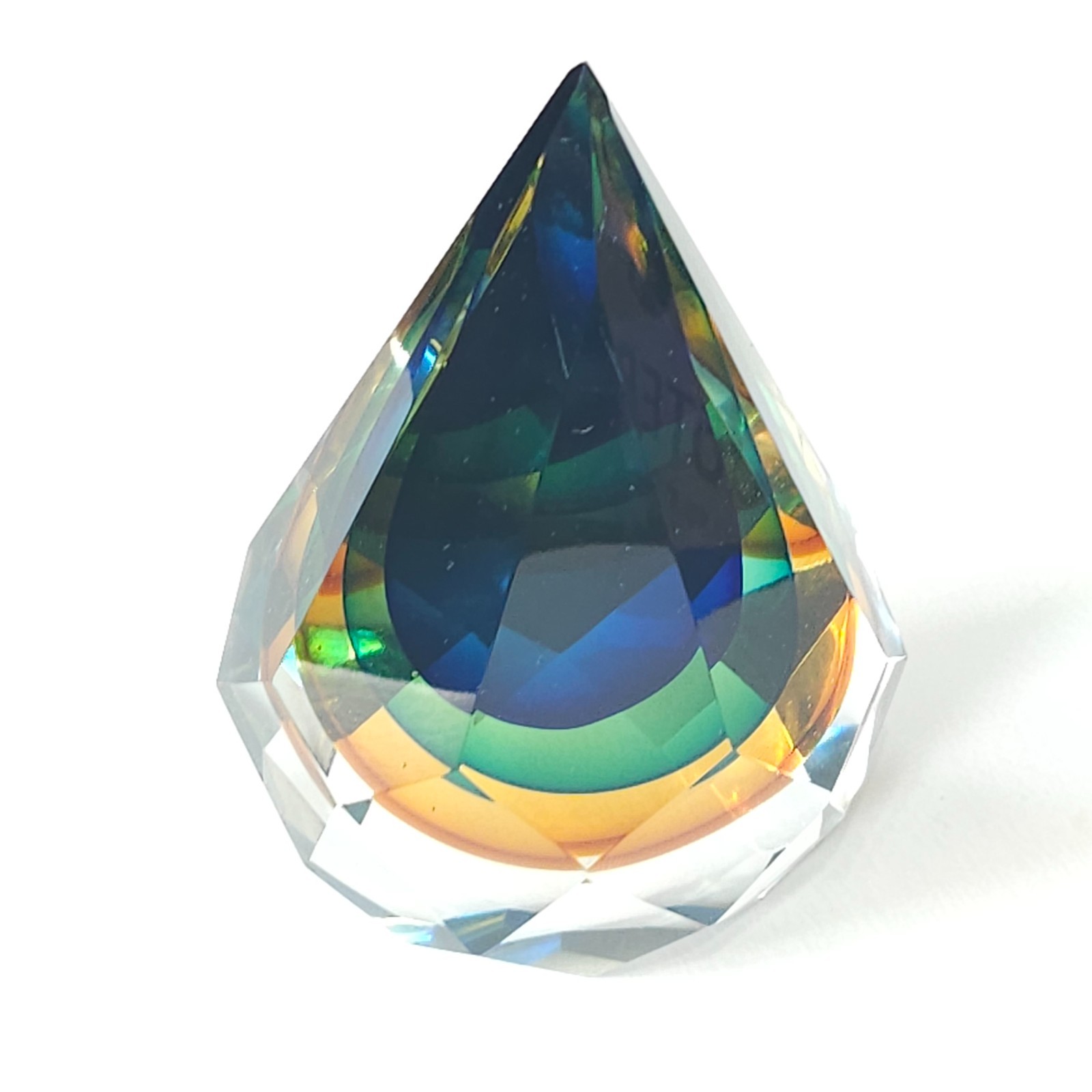 Murano Glass Faceted Teardrop Paperweight 6” Blue Peacock Tones Vintage