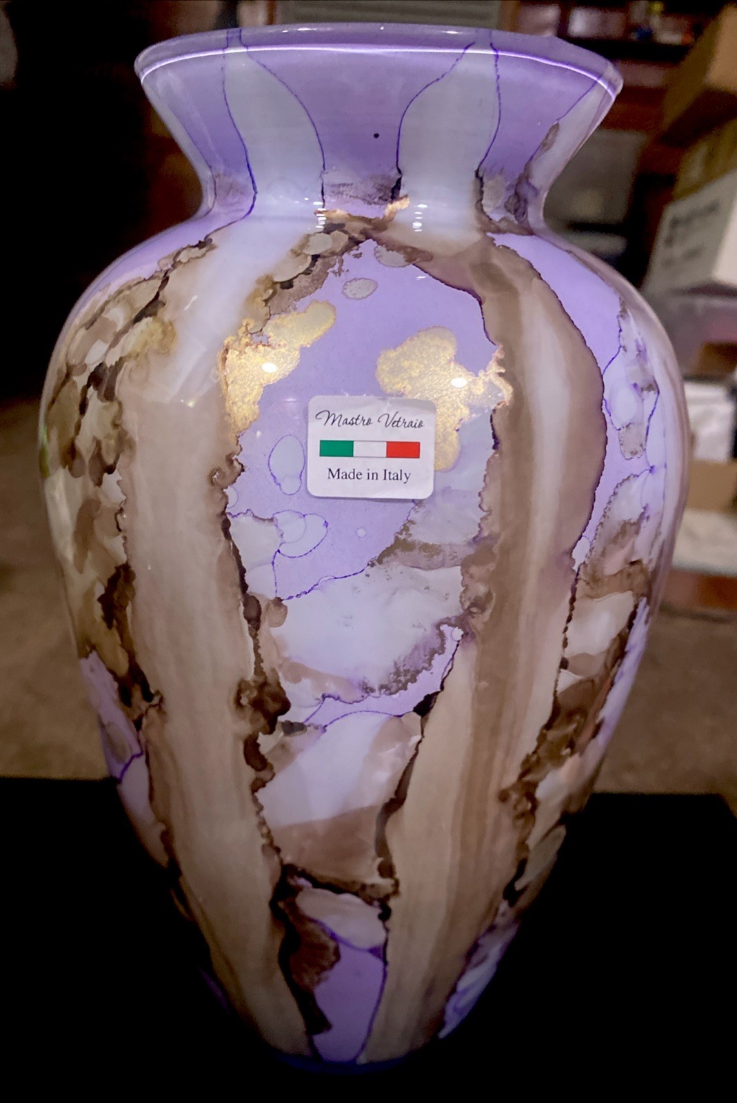 maestri vetrai Blown Glass Vase Purple And Gold 11 Inches Tall Made In Italy