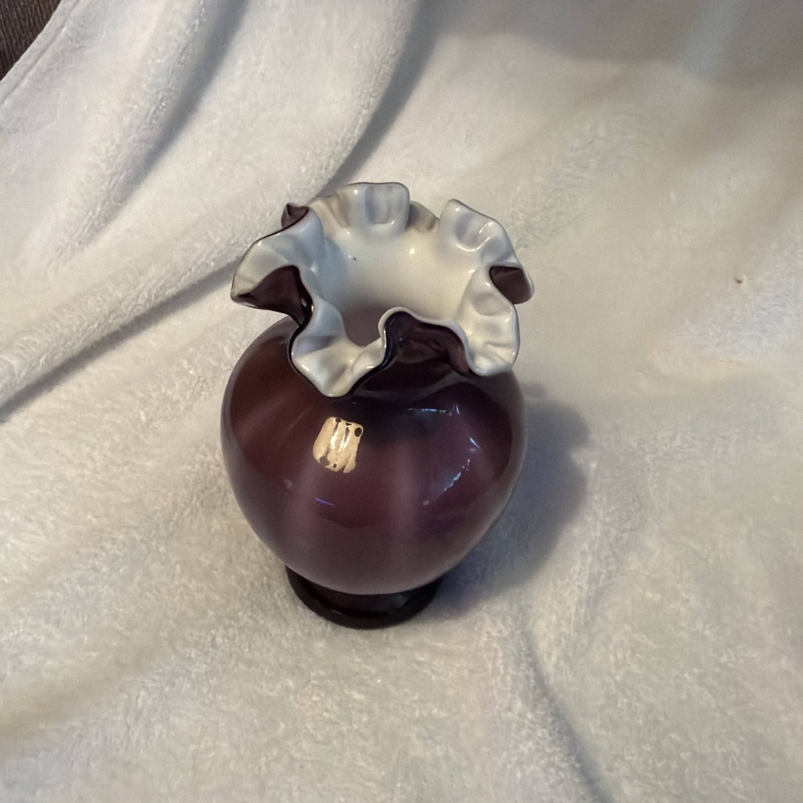 Vintage Fenton Glass Purple Overlay Glass Cased Vase Ruffled Edge Amethyst Swirl