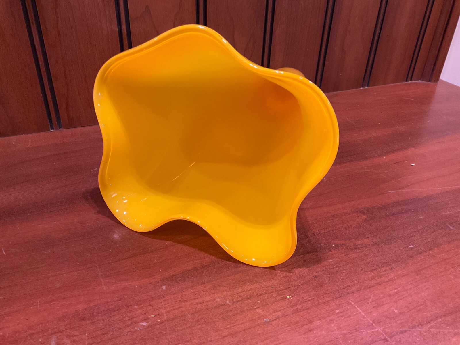 Vintage Handkerchief Ribbon Vase Canary Yellow Hand Blown Glass 10.5” Tall