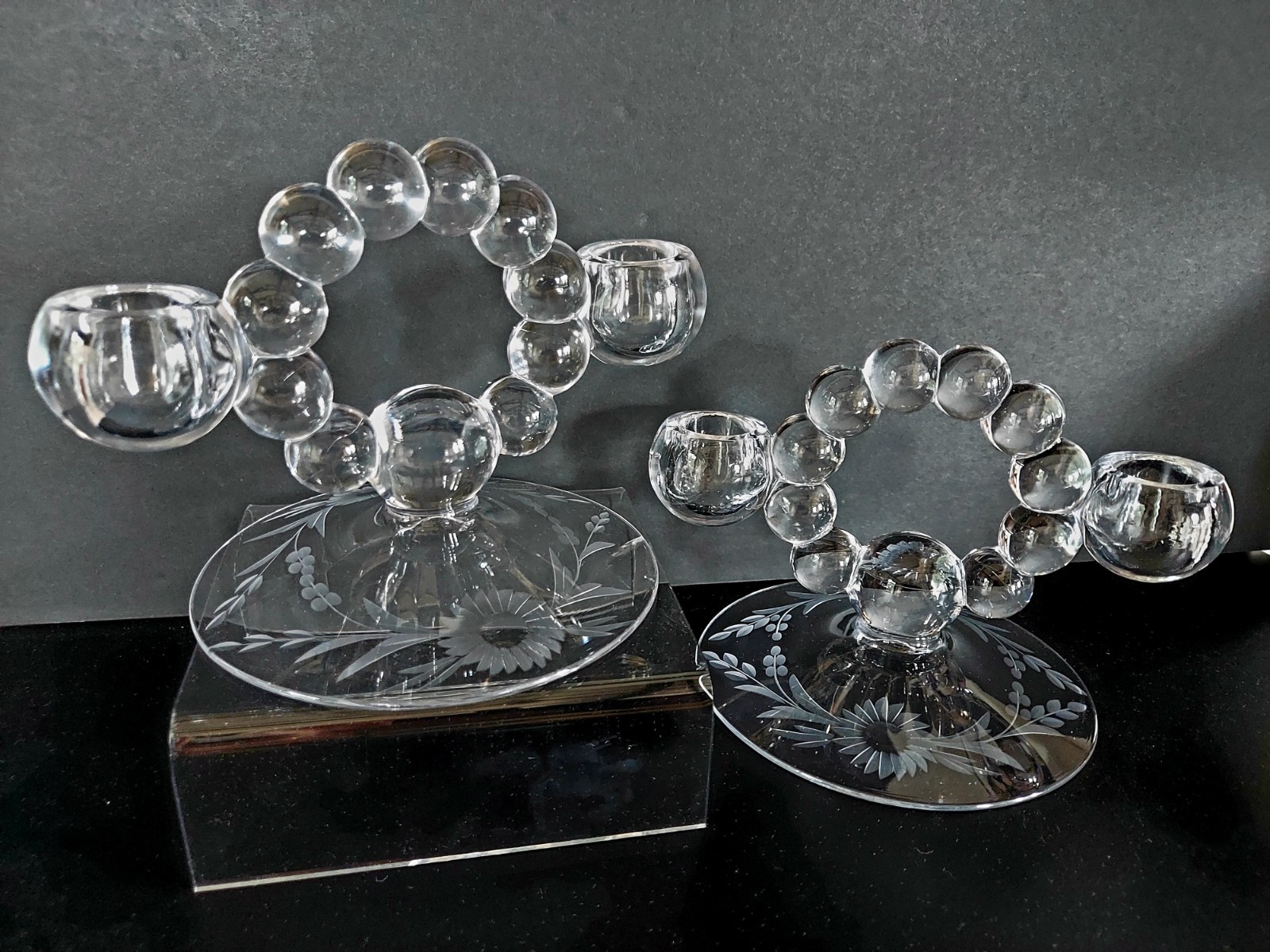Imperial Glass Floral Etched Candlewick Double Taper Candle Holders Bubbles Pair