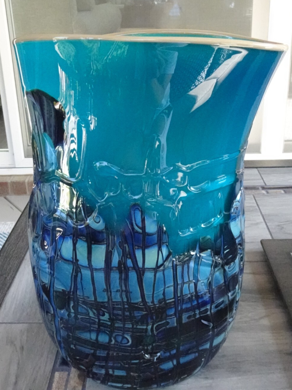 HEAVY! Large Signed 1997 BUMP Studio Art Glass Threaded Freeform Vase 10.5″