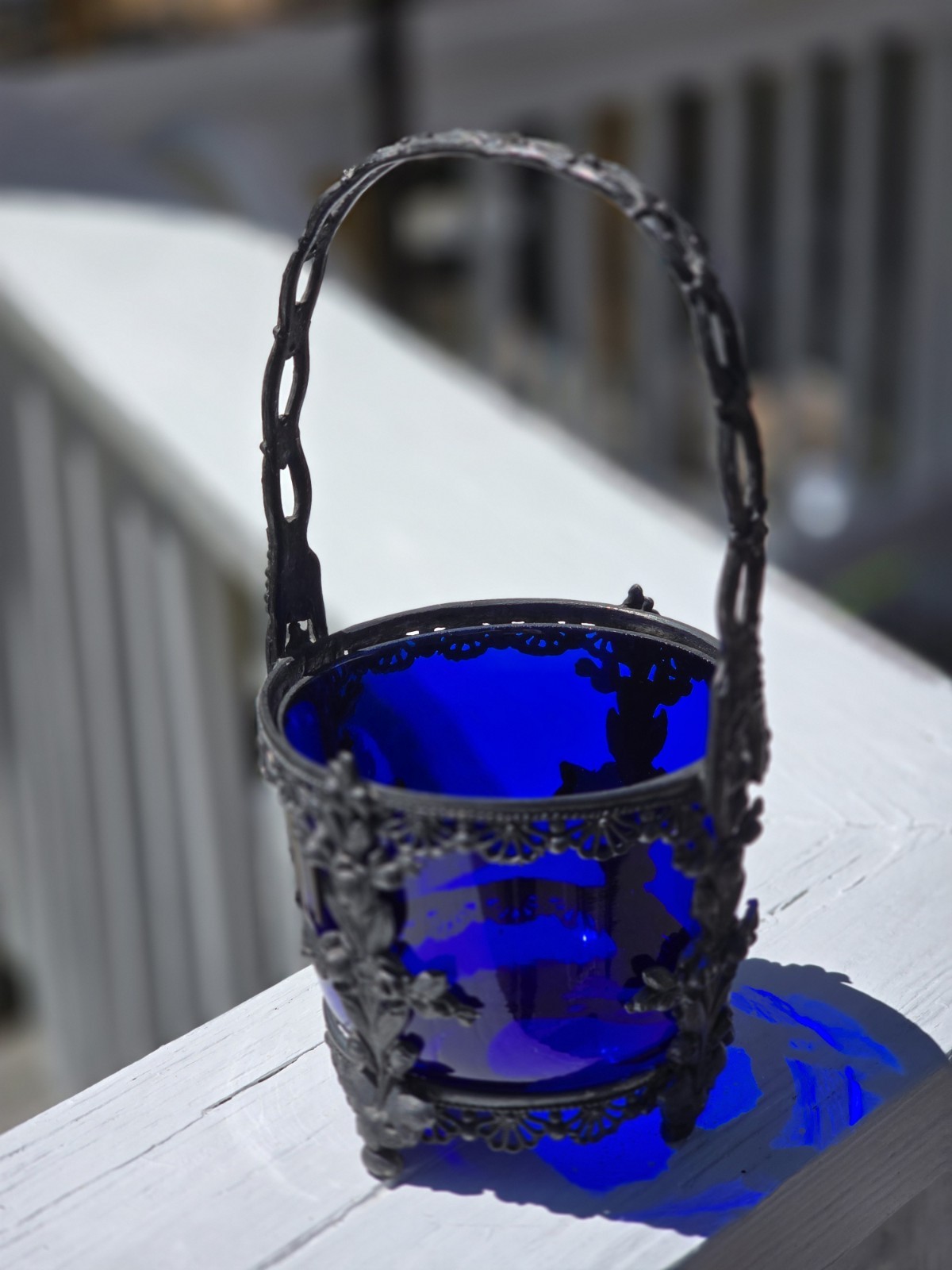 Metal Basket With Cobalt Blue Bowl
