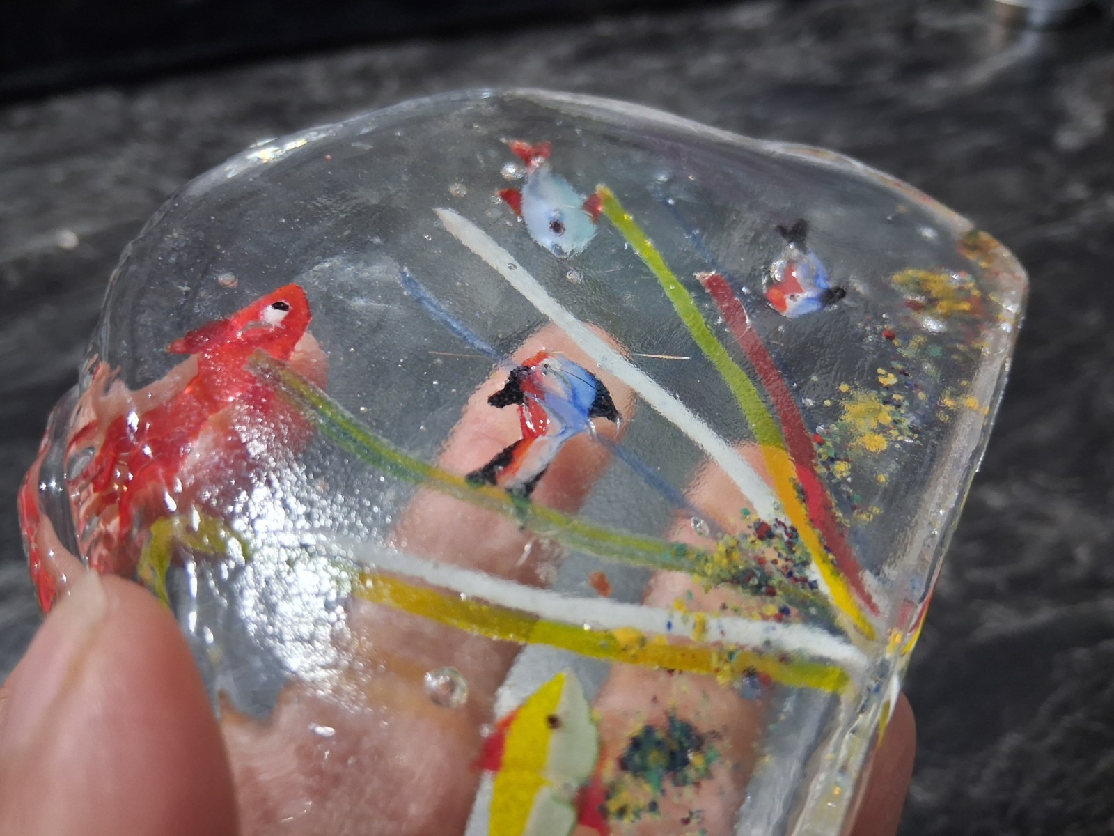 Retro Art Glass Fish Aquarium Scene Paperweight Murano Style Frutiger Aero