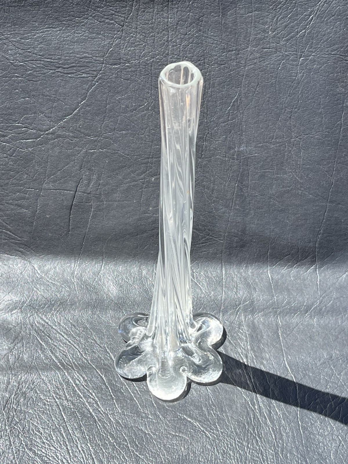 Clear Glass Stretched Twisted Bud Vase 11.5″ Tall Elephant Foot Base 4”
