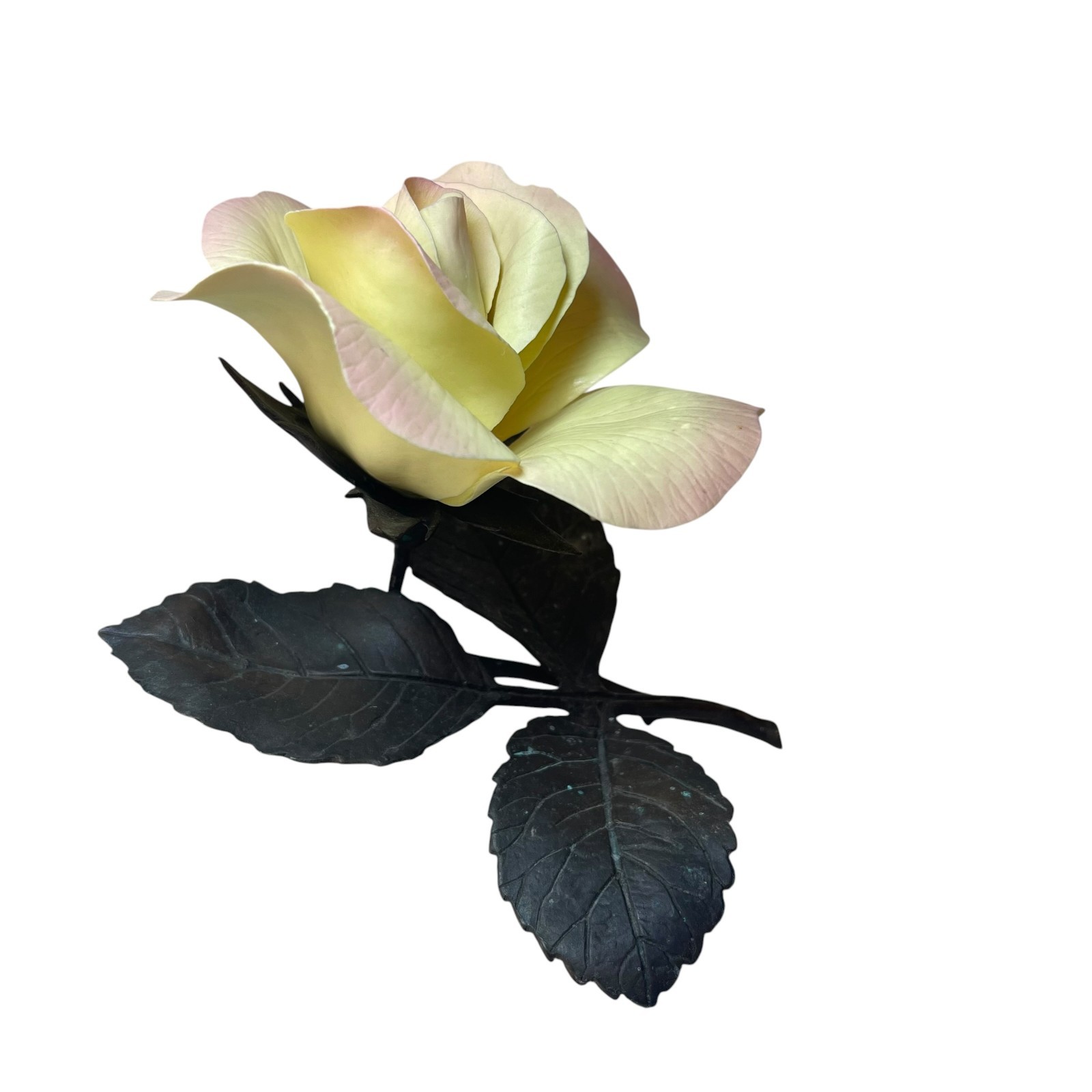 Boehm Peace Rose Yellow w/pink accents and bronze leaf & stem Chipping/READ