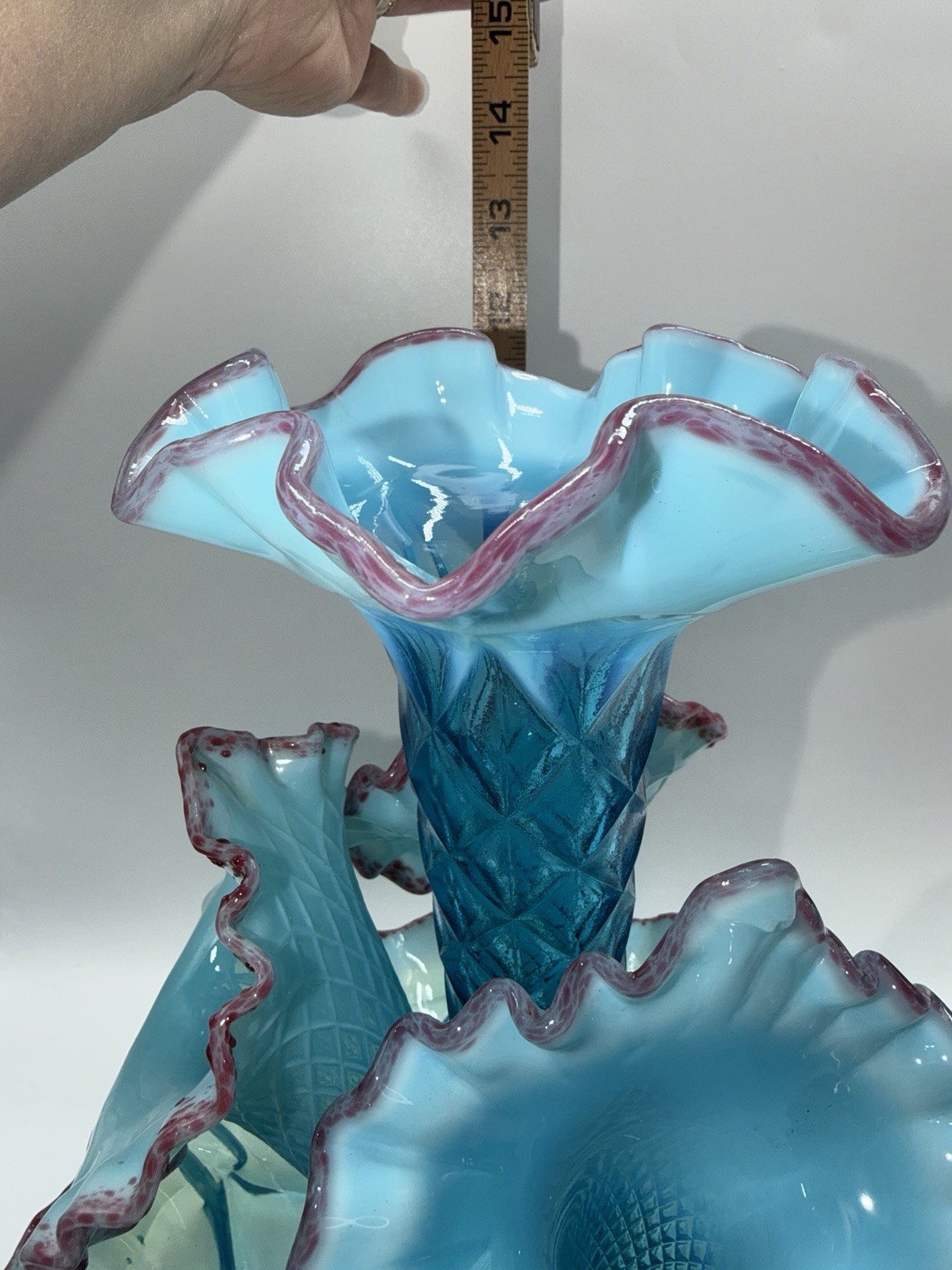 Vintage Epergne Northwood 4 Horn Opalescent Blue Red Frit Stunning READ RARE