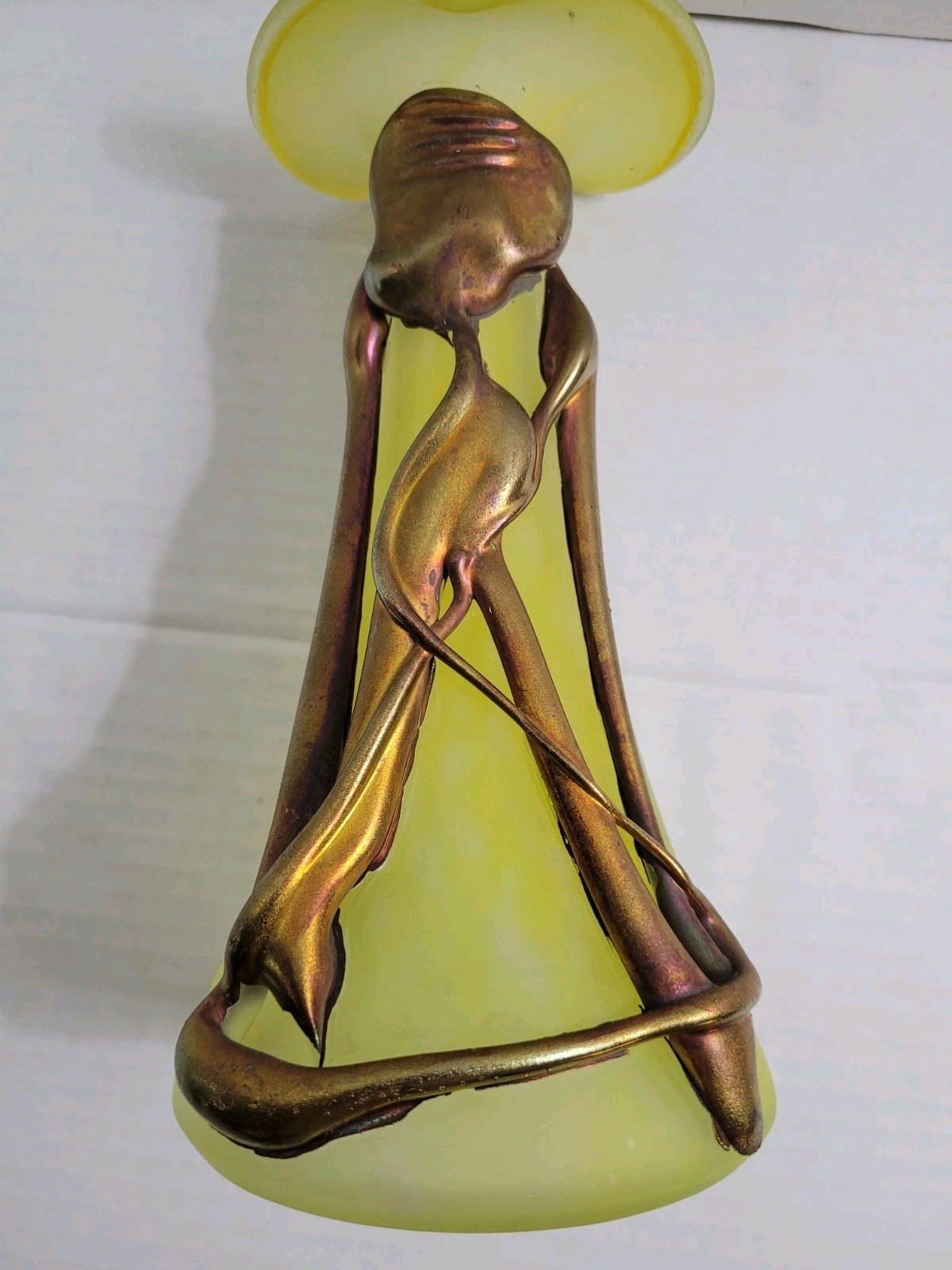 Filip Ravert Romblast Style Art Glass Vase Yellow Satin Metal Overlay 8.5″