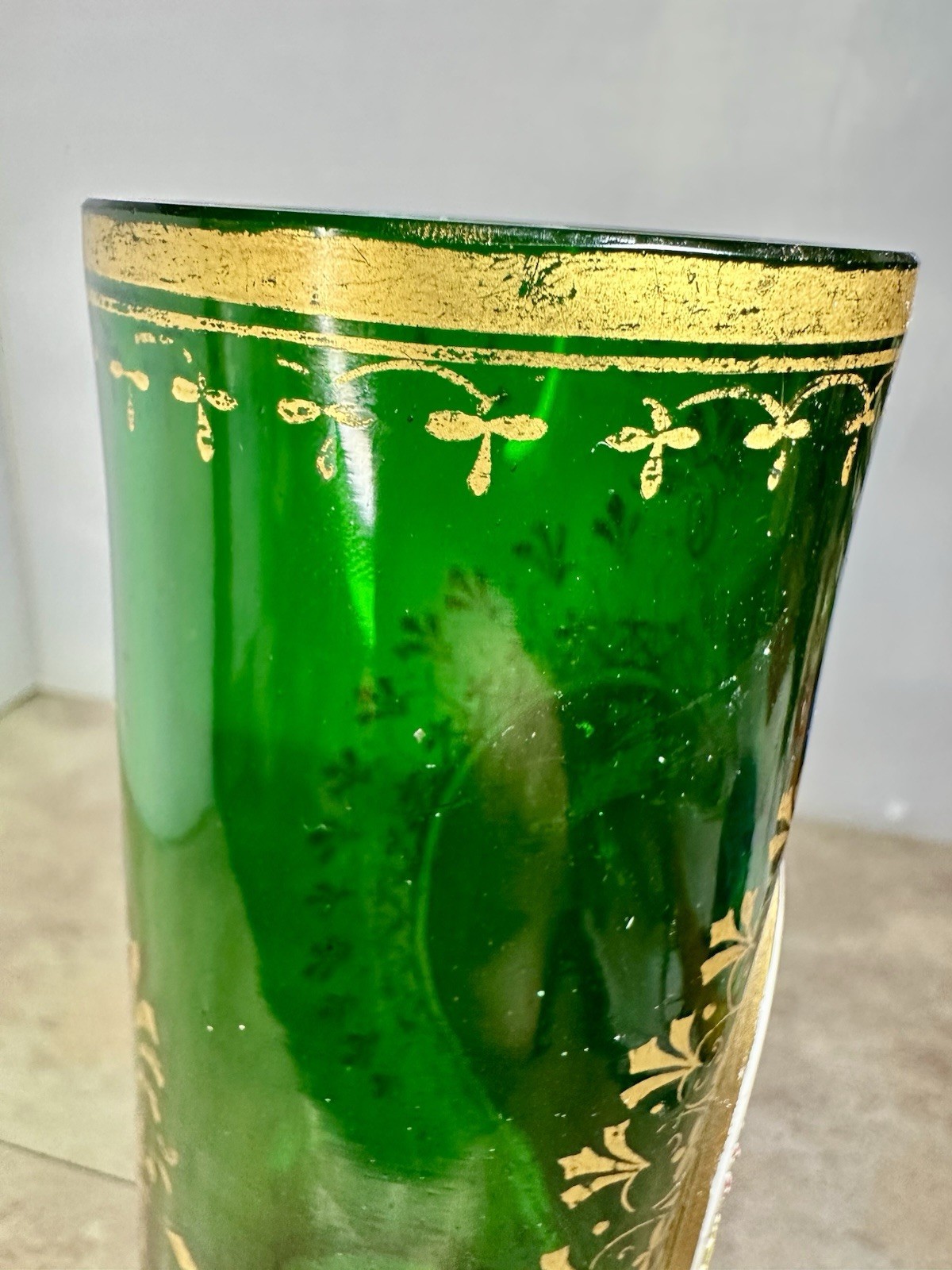 Antique 19th C Moser Green Glass Bird & Flowers Gold Gilt Vase Applied Porcelain