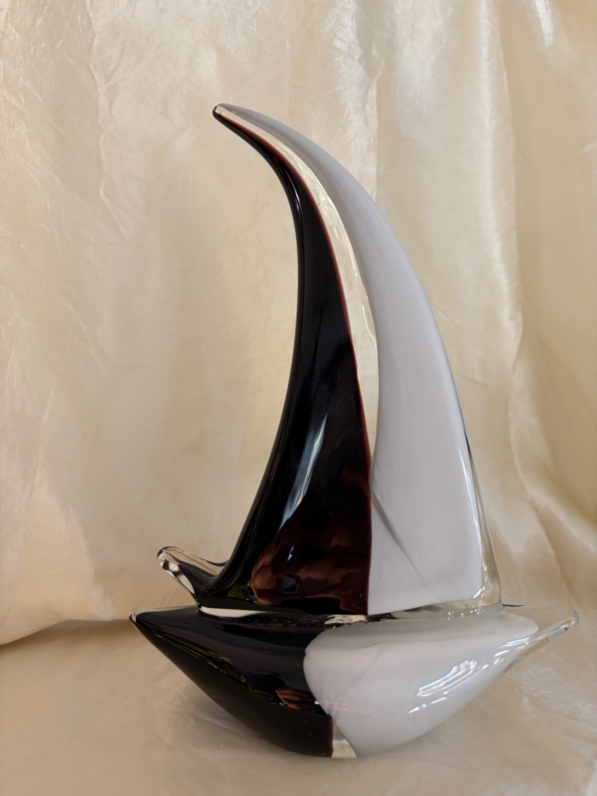 Modern Hand Blown Art Glass Sailboat Sculpture Black White Nautical Decor