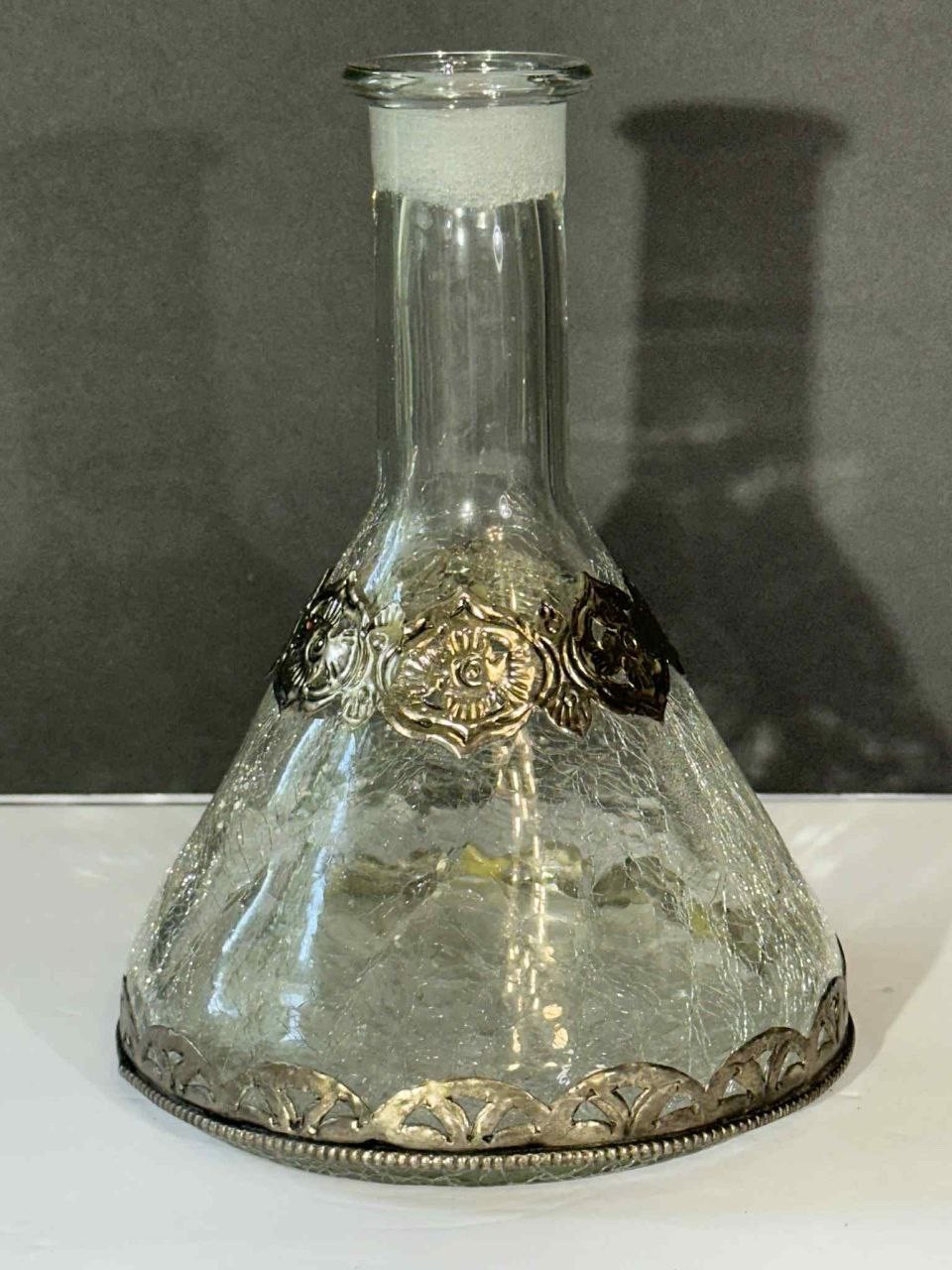 Vintage Crackle Glass Vase 8.5” with Ornate Metal Trim Rustic Decorative Bottle.