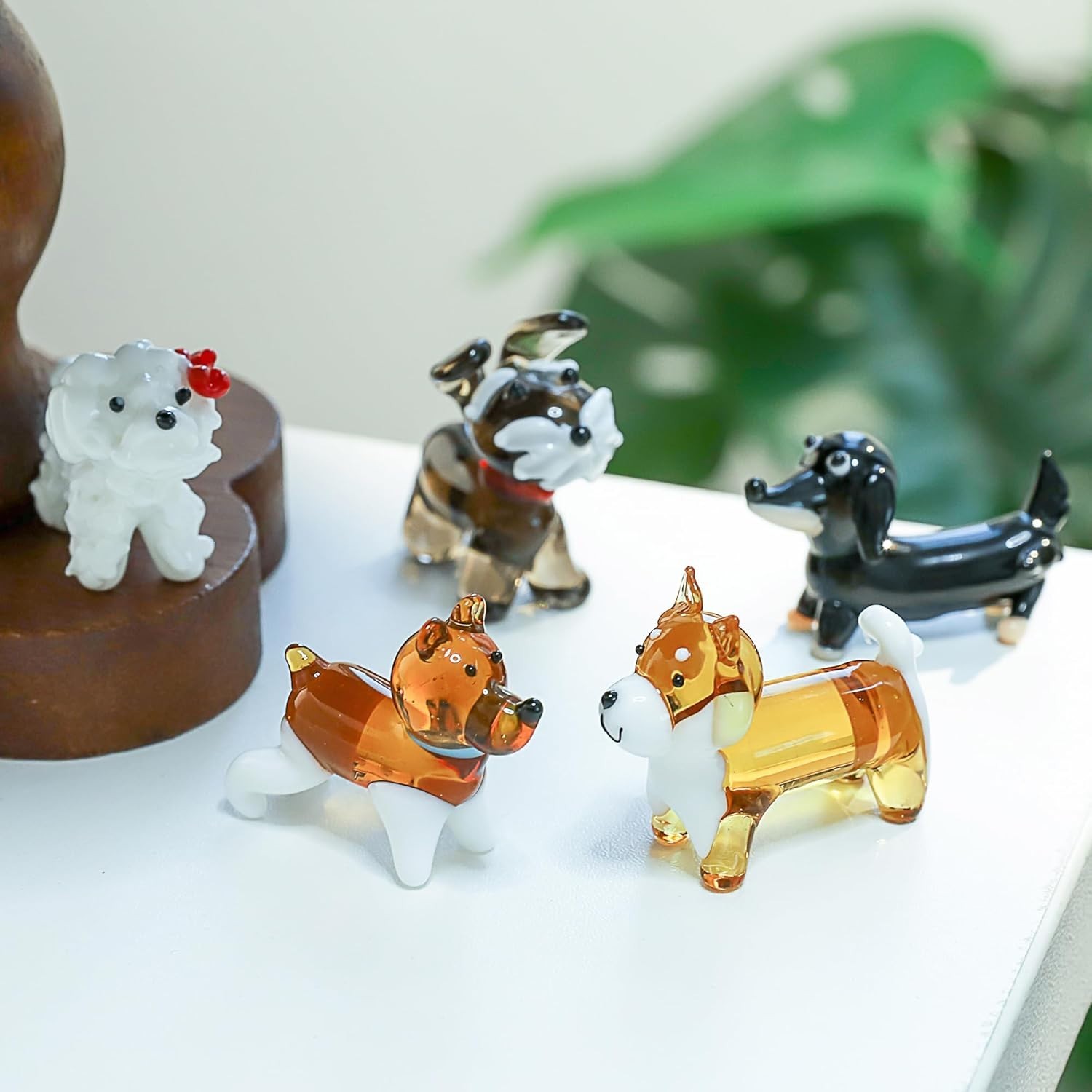 5 Piece Hand Blown Glass Figurines Mini Dog Statue Includes Dachshund, Beagle…