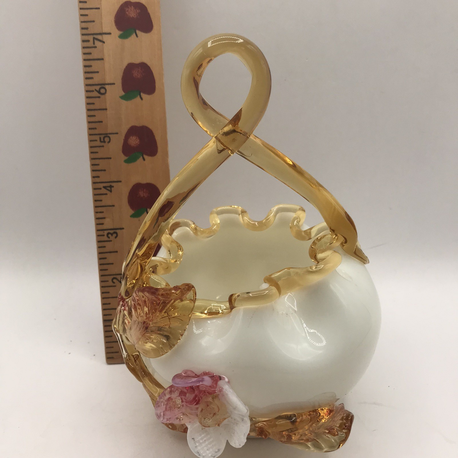 Antique Stevens & Williams Basket Amber Crest & Handle, Flower on White – GLOWS!