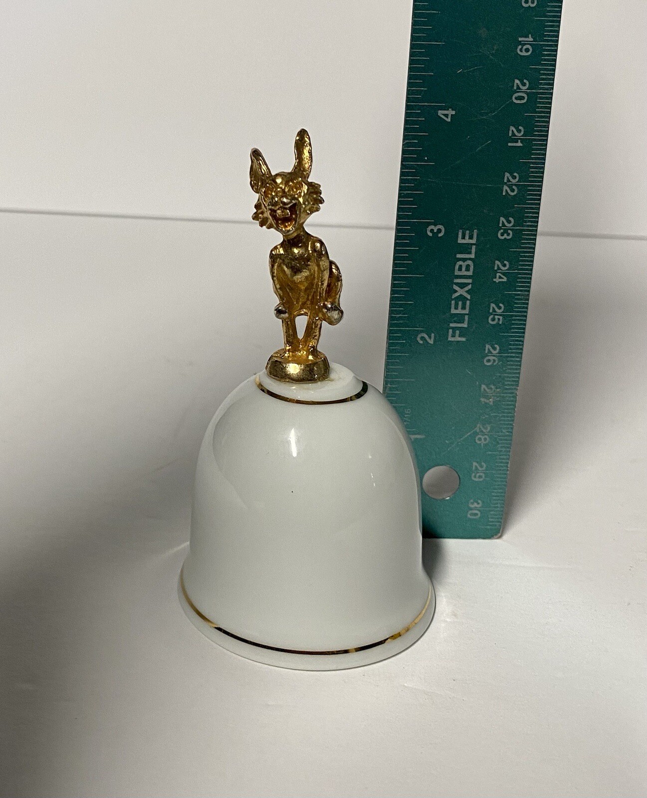 Vintage Bell White Ceramic Porcelain Gold Rabbit Metal Handle 4”