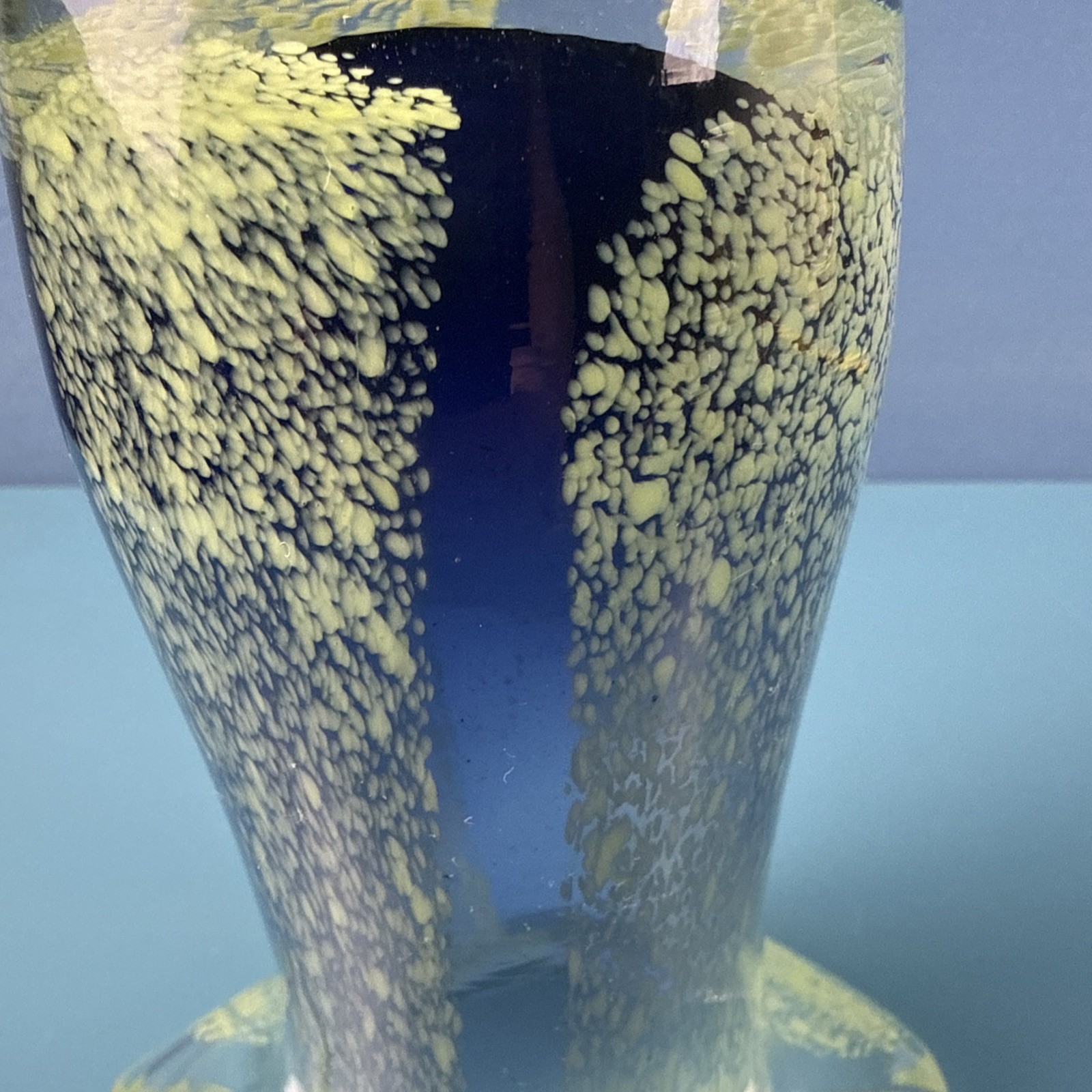Vintage Teleflora Lime Green Blue Art Glass Vase Speckled Flared Lip Hand Blown