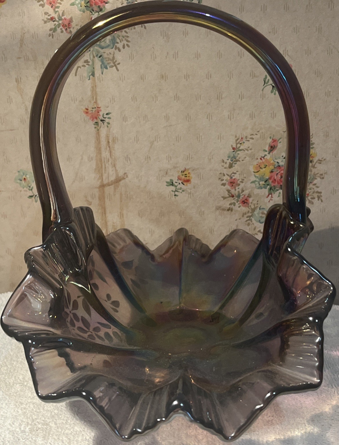 Fenton Amethyst Carnival Glass Ruffled Basket – Signed Bill Fenton & D. Erdman –