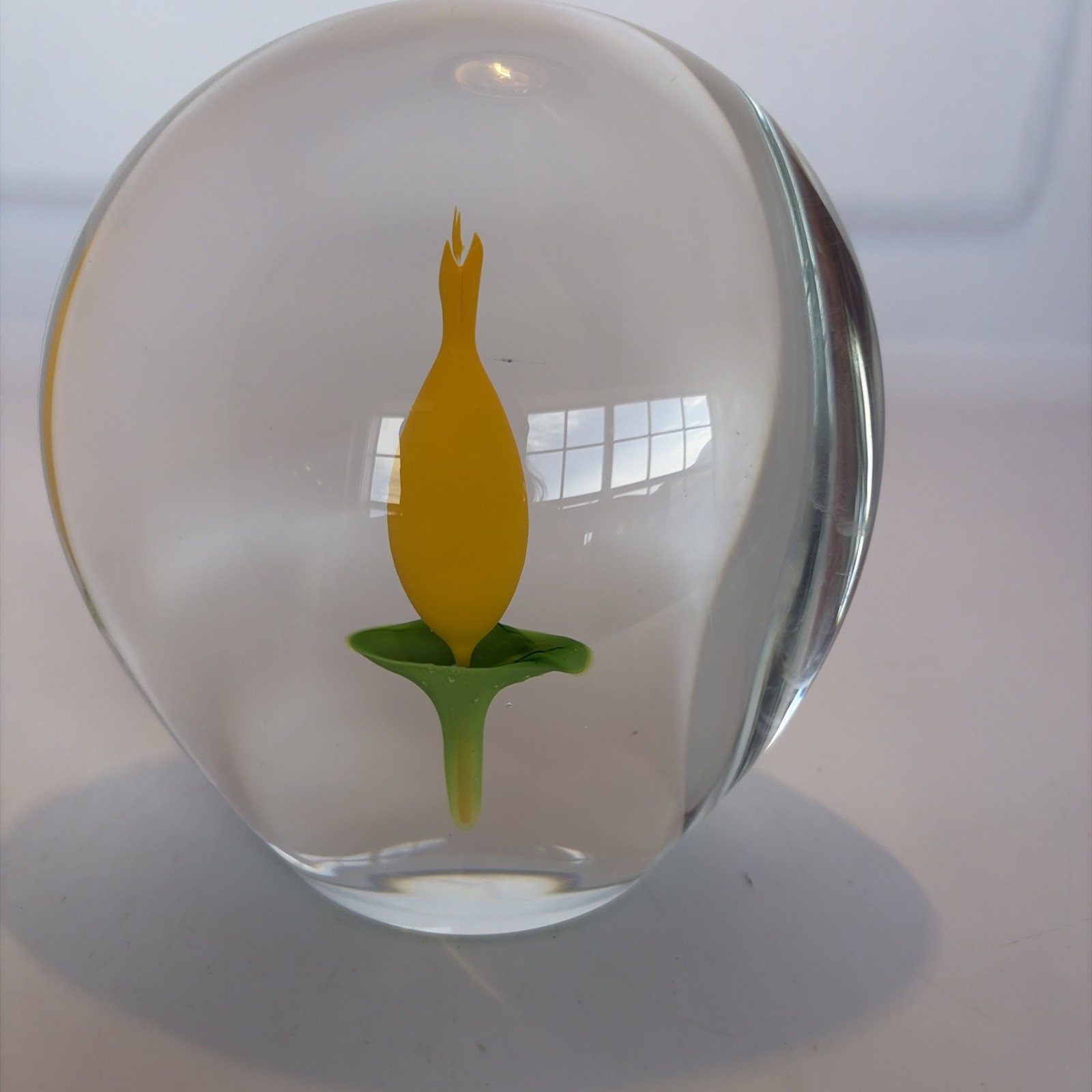 Vintage Beranek Czech Glass Paperweight with Yellow Calla Lily 5″H