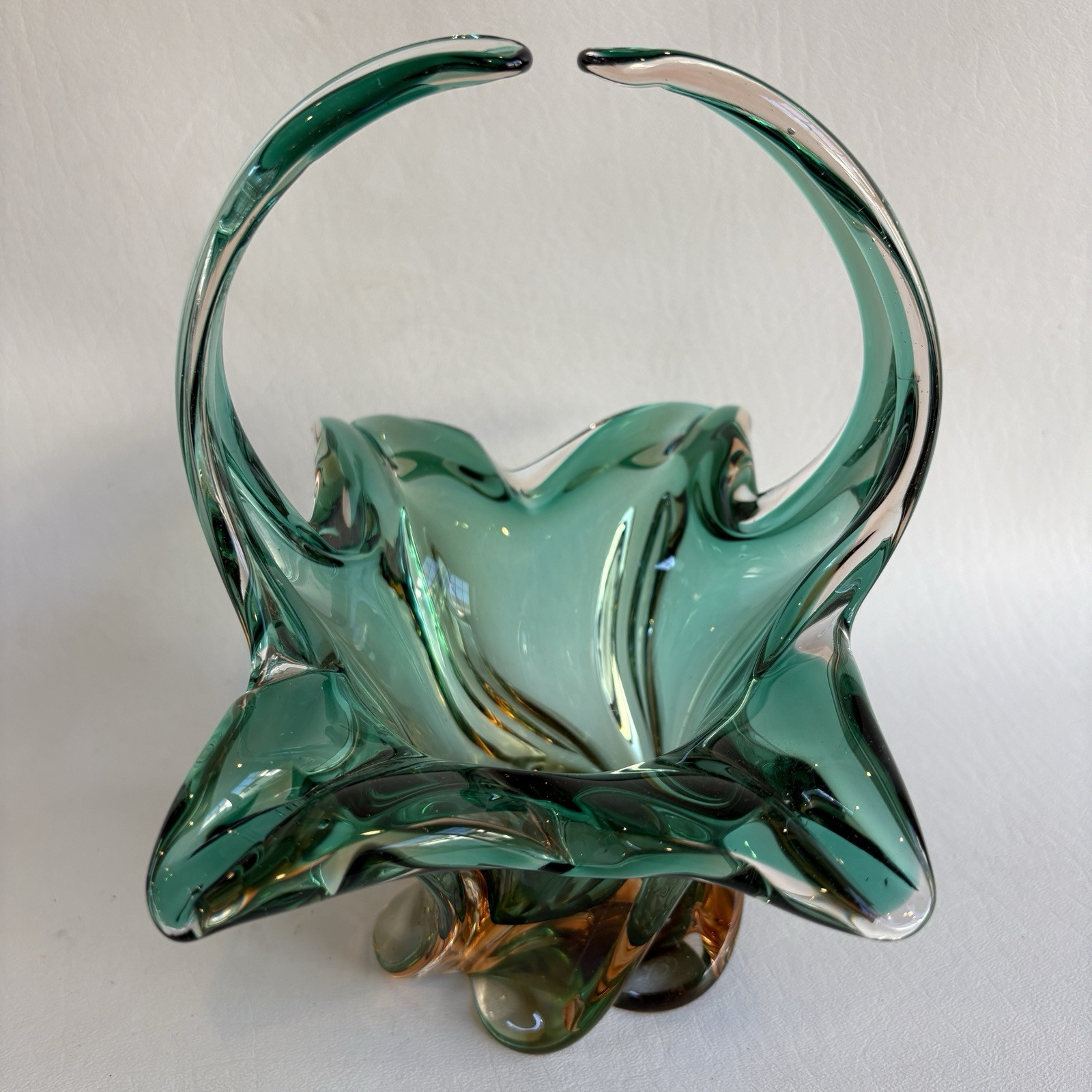 Vintage Green and Orange Art Glass Decorative Basket – 9” Height