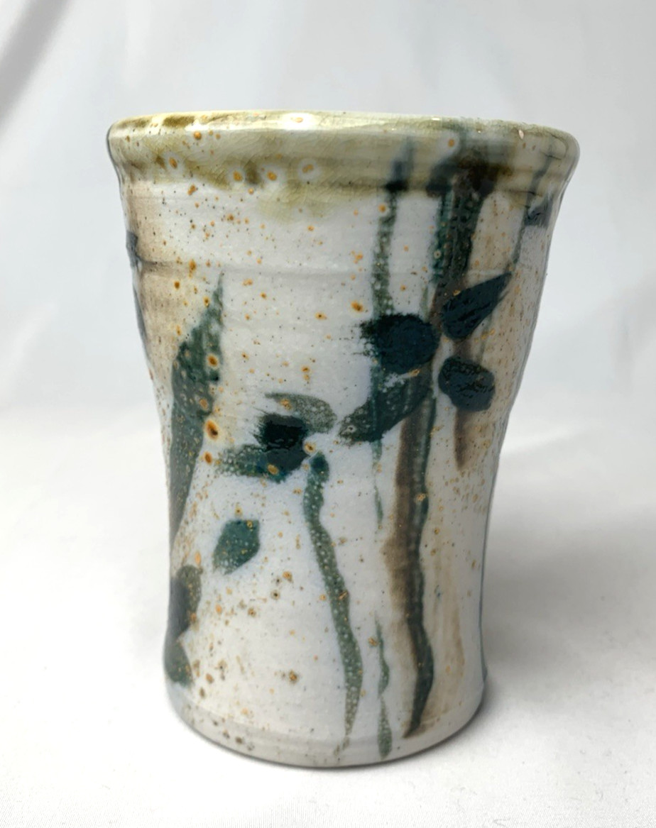 Studio Art Pottery Tumbler Vase Green Trees Leaves Nature Signed 4.75 inches