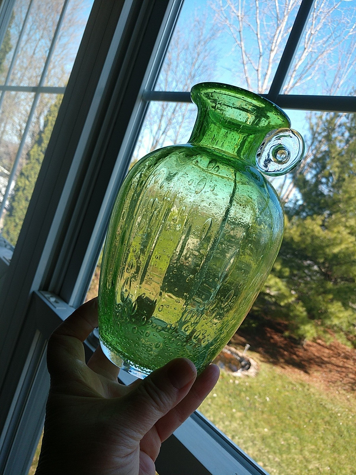 Vtg ITALIAN AMICI GREEN Blown Bubble Art Glass MCM 7″ Cruet Vase