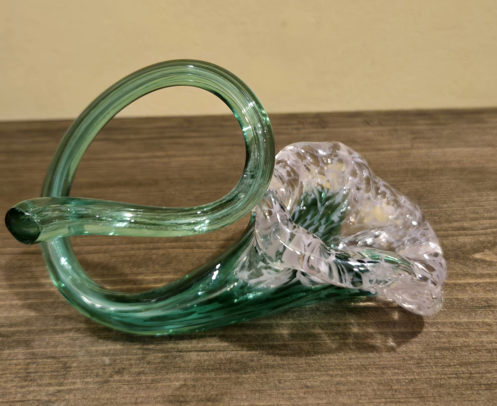 Handblown Art Glass Flower Green Stem And Clear Flower With White Accents