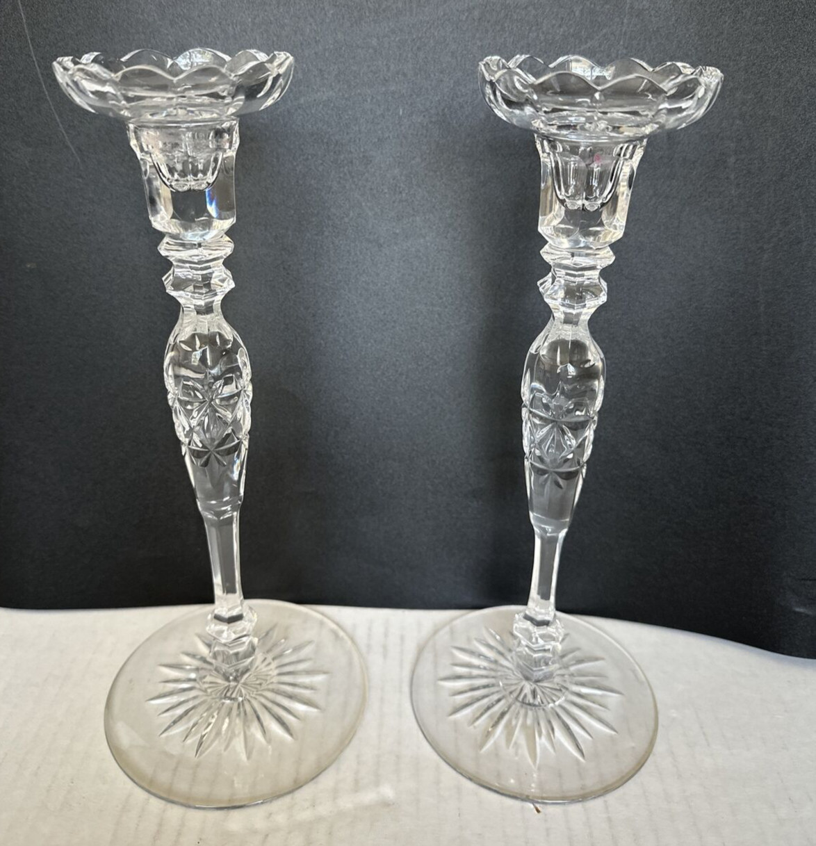 PAIR Rogaska Rosemont Full Lead Crystal Rose Stem Candlesticks 10 3/8 In .
