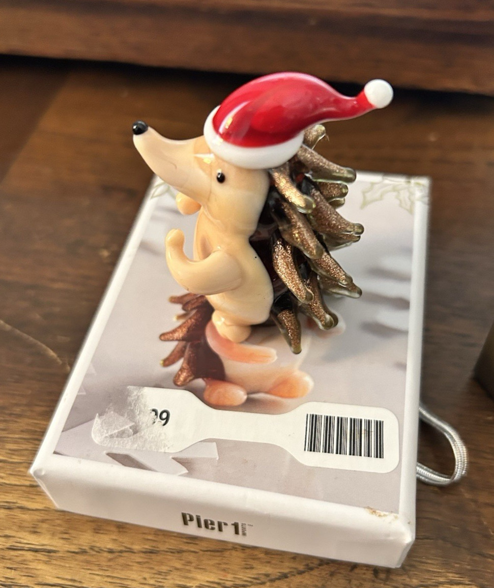 Pier 1 Glass Hedgehog 2″ Herisson Figurine with Santa Hat Holiday Decor