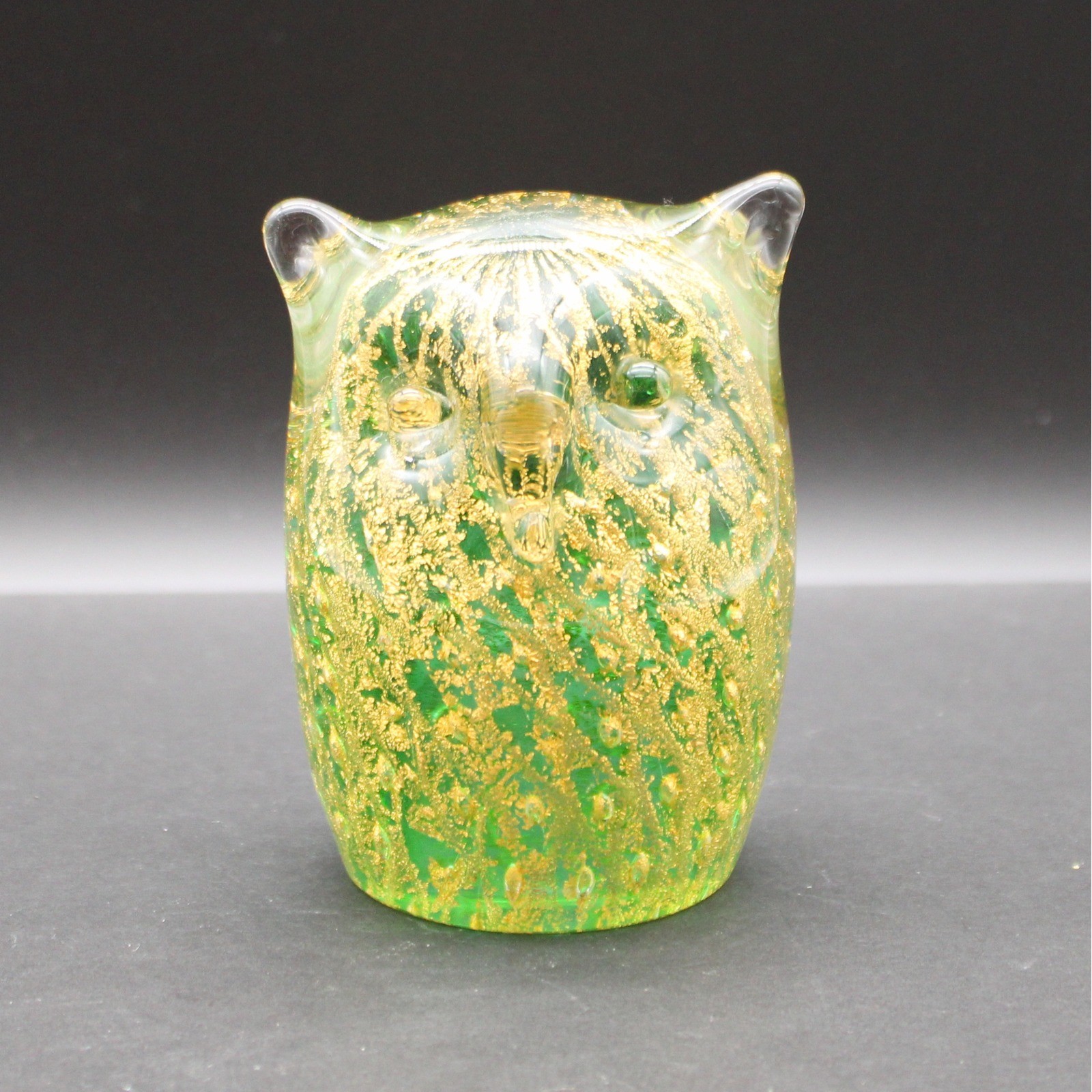 Vintage Murano Glass Owl Figurine Green 24k Gold Leaf MCM