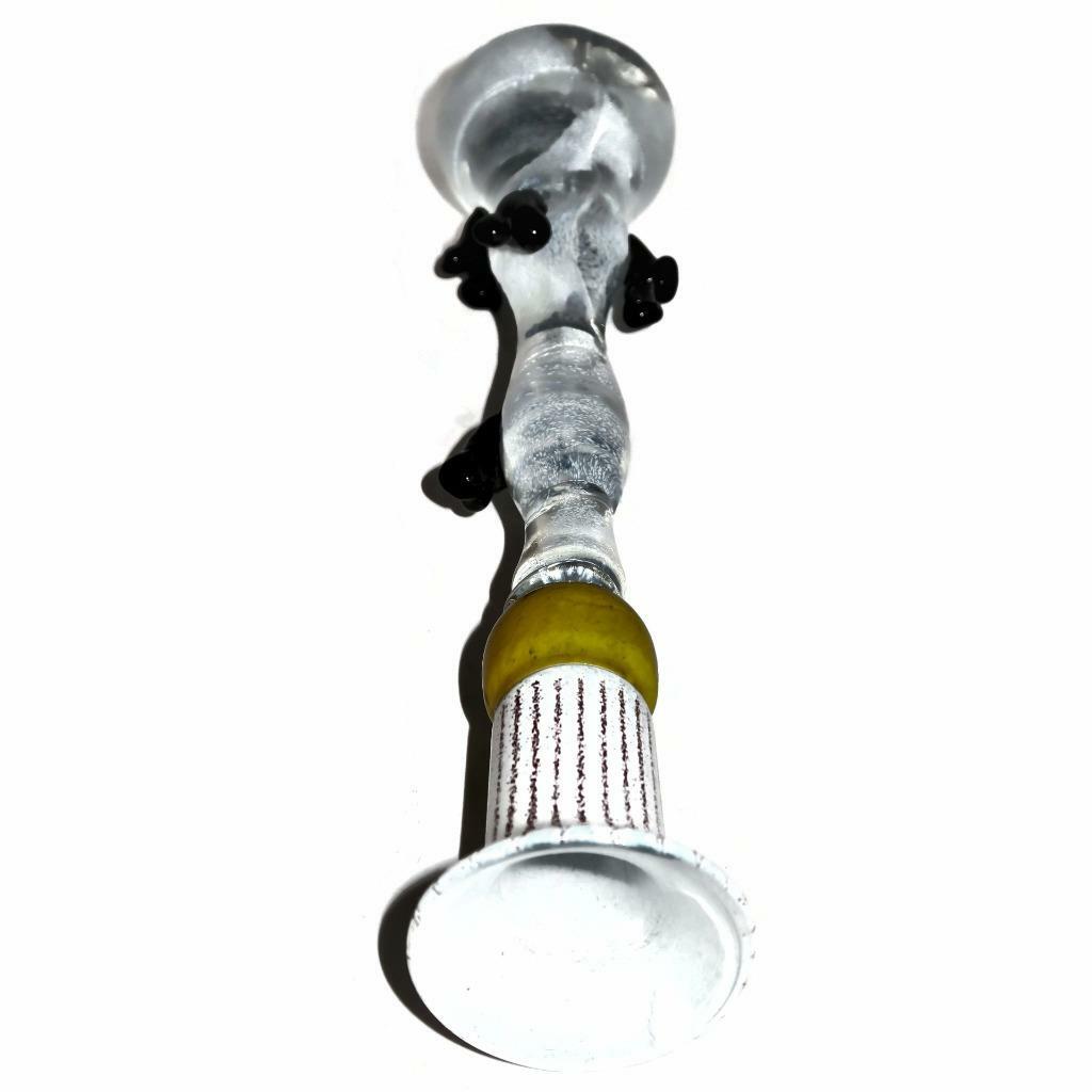 Art Glass White & Yellow Hand Made Single Candlestick Holder, 13 3/8″