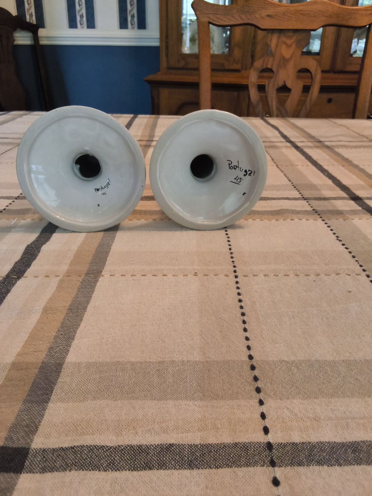 Portugal Hand-Painted Floral Ceramic Candlesticks Pair White/Green 7.5in