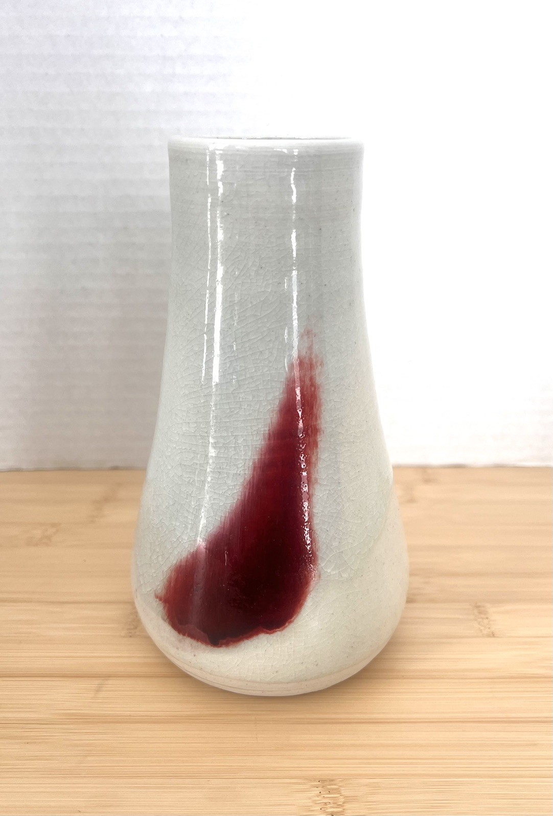 Vintage Signed Studio Pottery Vase Oxblood Red Crackle Glaze White Ceramic 7.5”