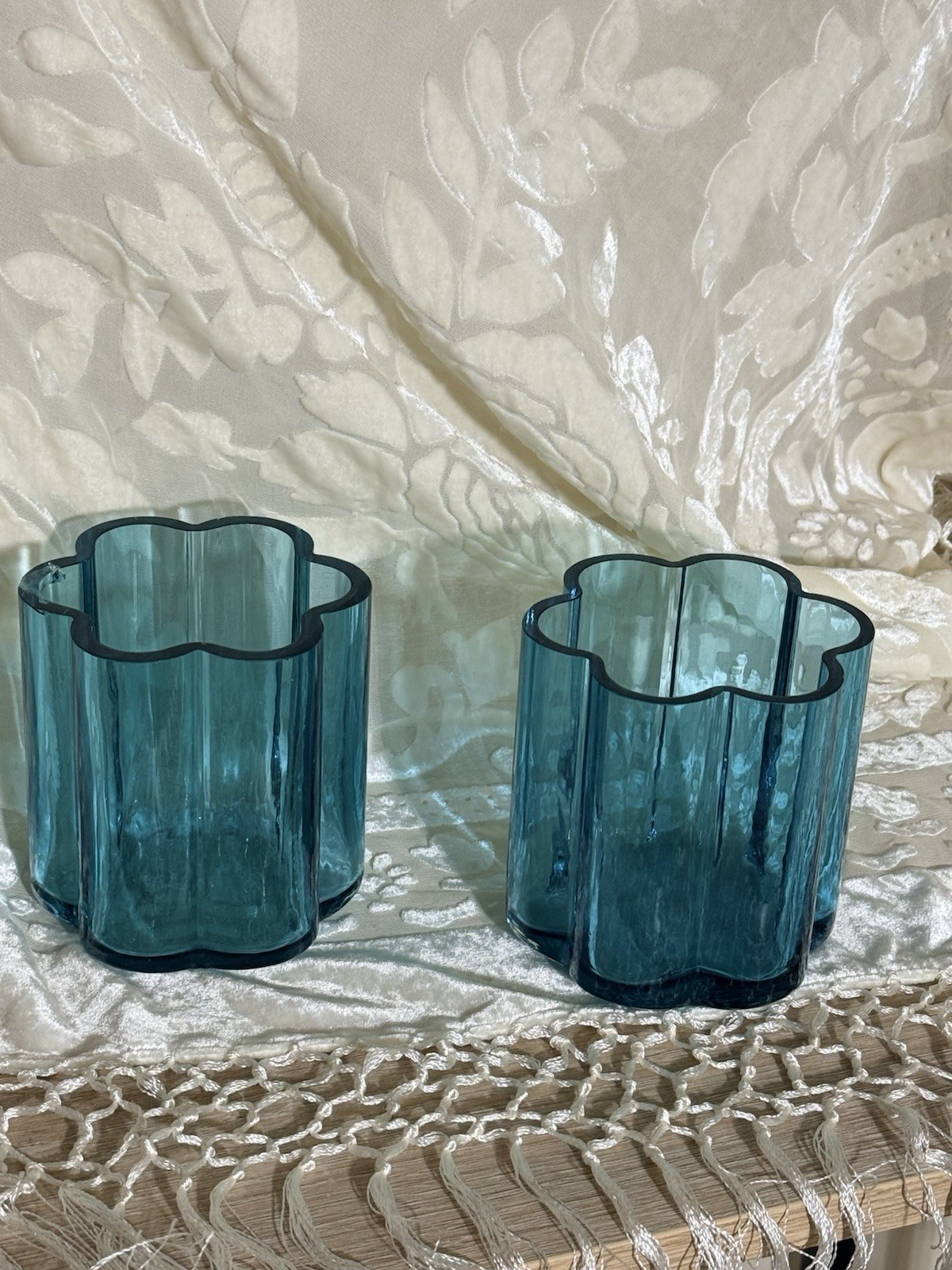 2 Vintage MCM 5”H Jens Quistgaard Dansk Finland Scalloped AQUA Glass Vases