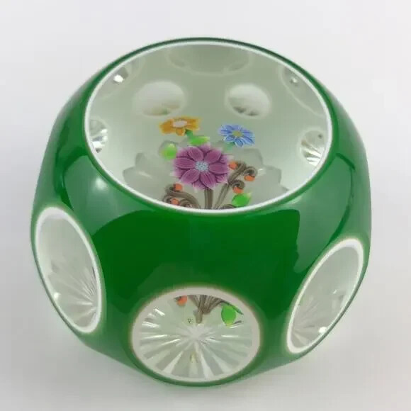 Perthshire 1989C Double Overlay Lampwork Flower Bouquet Faceted Paperweight