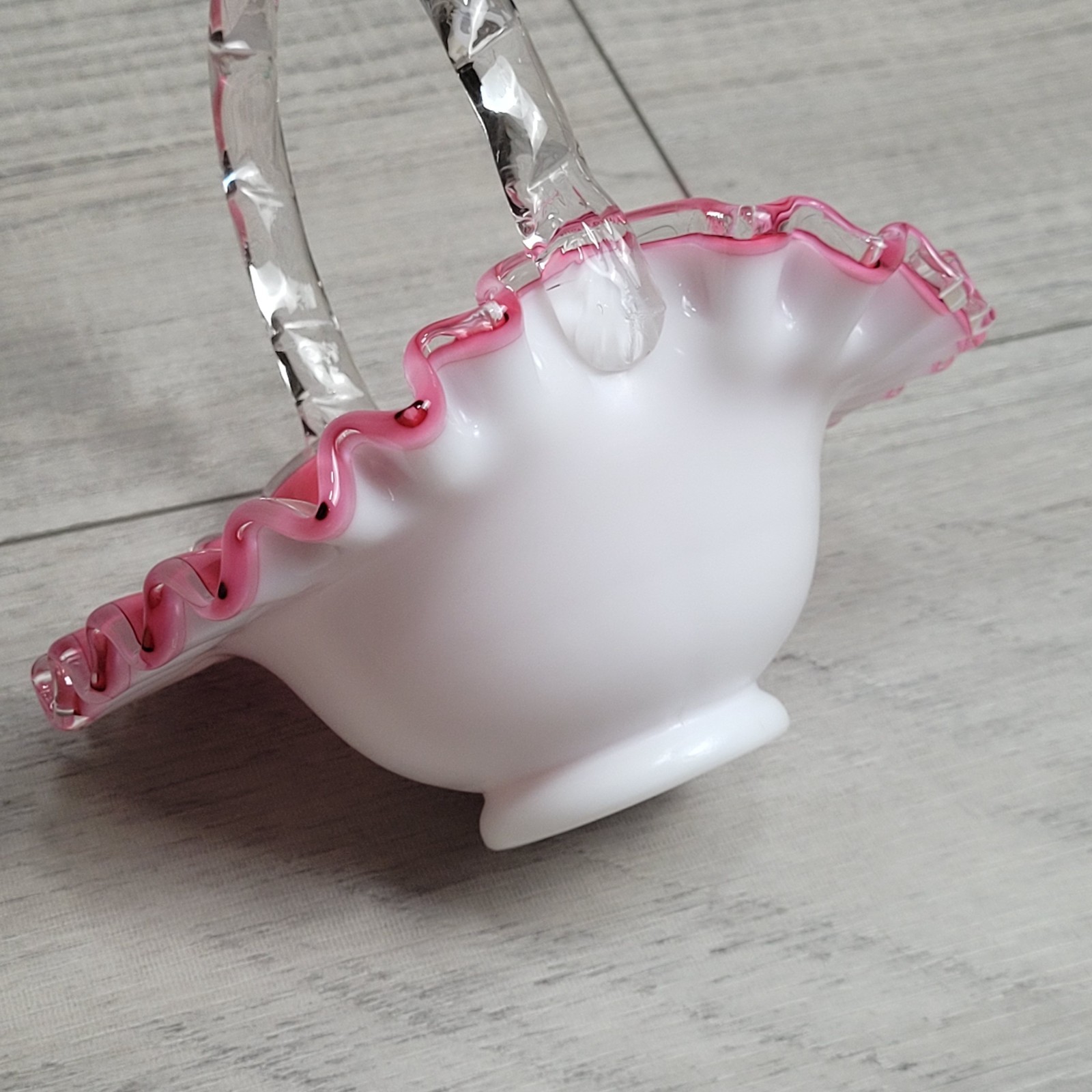Vintage Fenton Peach Crest Glass Basket Pink White Milk Glass Ruffled Edge 1940s