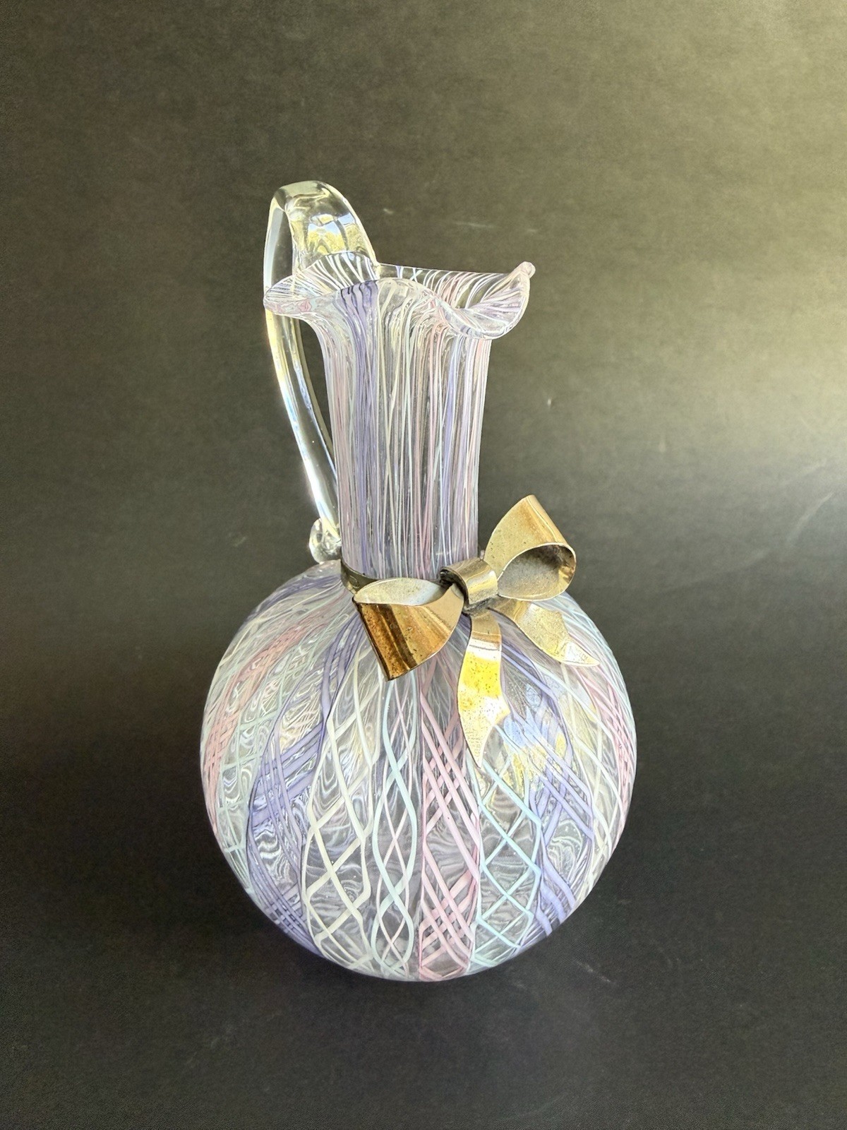 Vtg Murano Latticino Lace Ribbon Art Glass Pitcher w/ 800 Continental Silver Bow