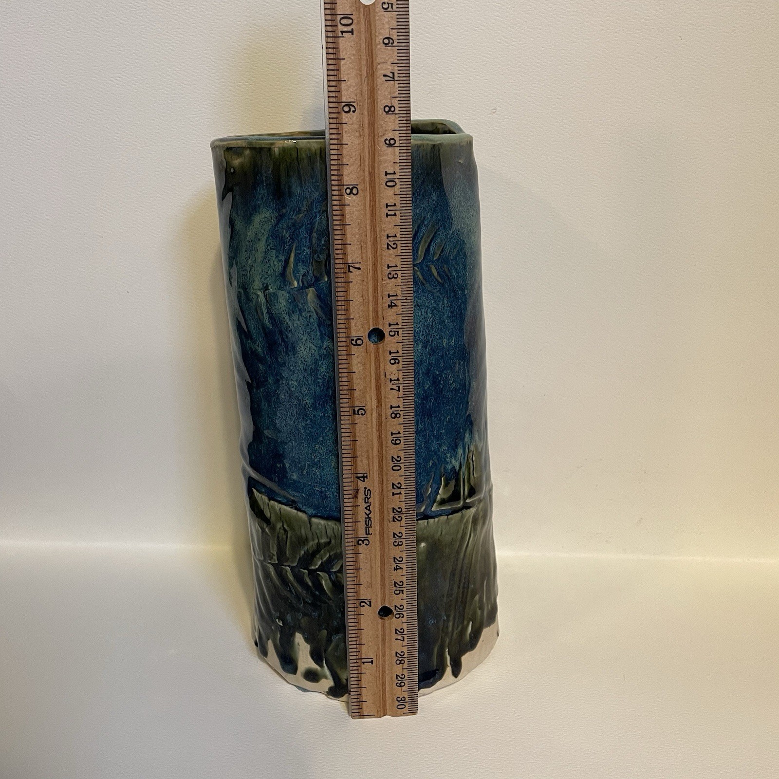 Handmade Drip Glaze Vase Blue Green Artist Signed Floral Leaf Impression 8.75”