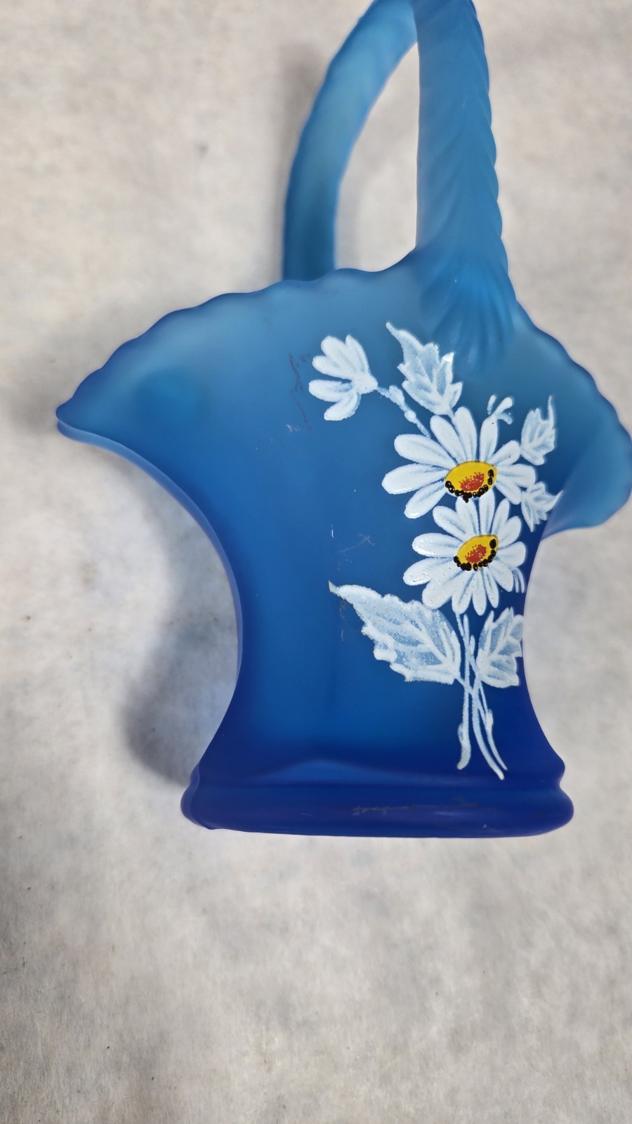 Vintage Westmoreland Blue Satin Glass Basket Hand Painted Daisy Floral 1970’s