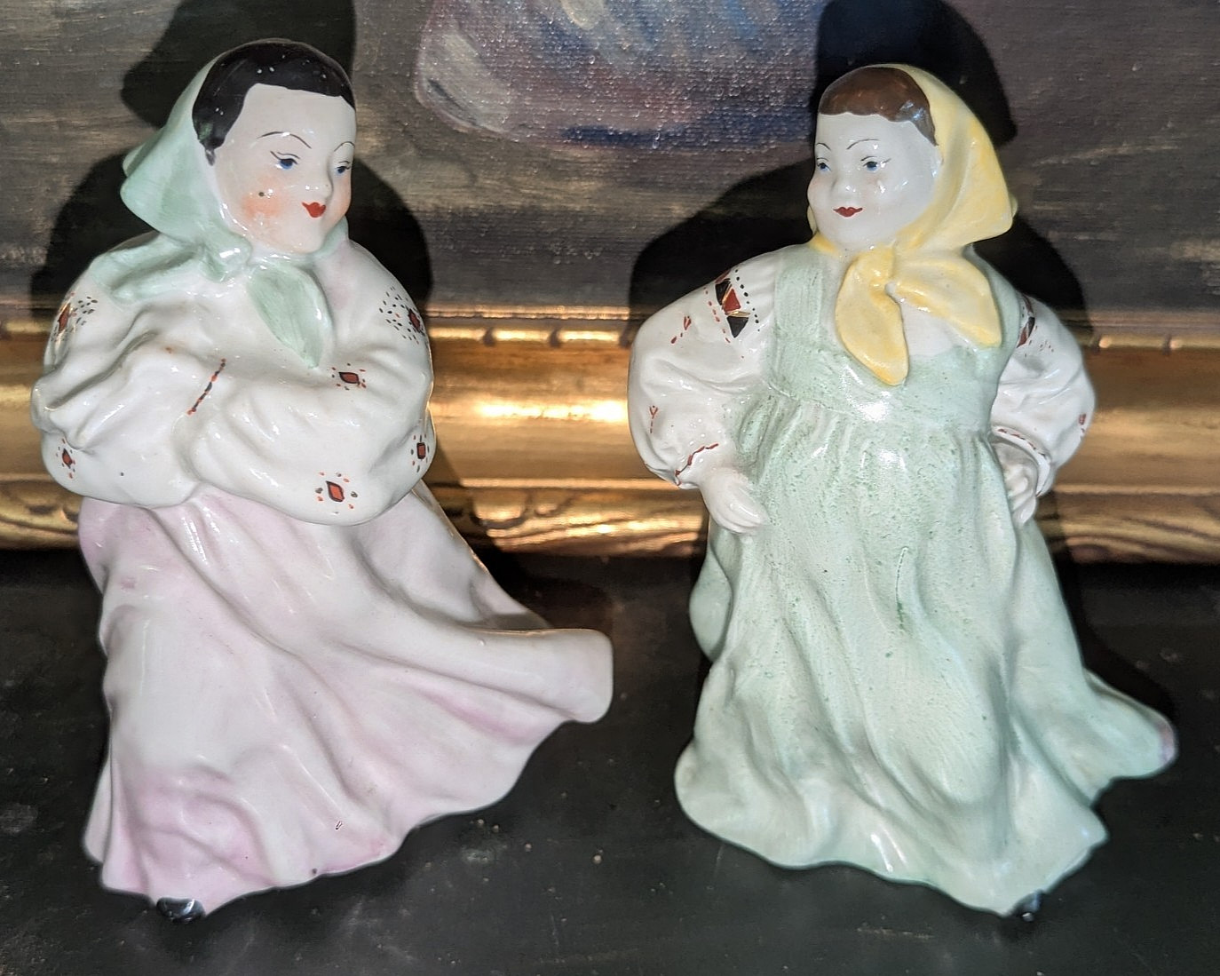 Lovely Pair Soviet Era Vintage Dancing Peasant Women Figurines 5 1/2″ Tall