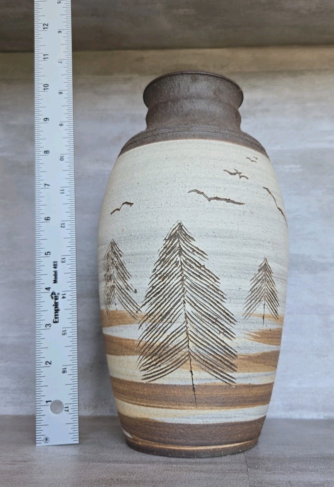 Vintage Studio Pottery Large Vase Etched Trees Birds 1979 Signed MCM Cabin