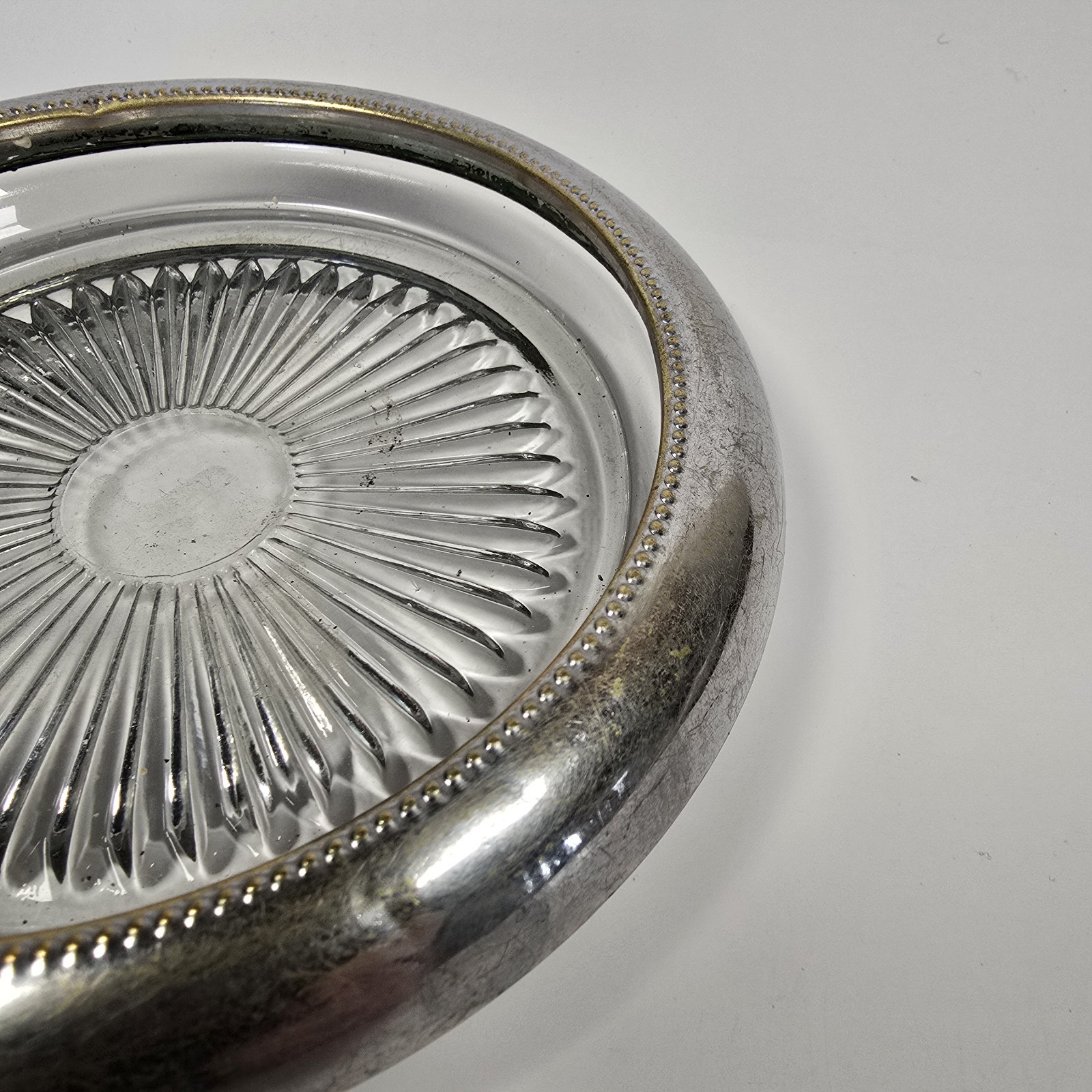 Crystal Silverplate Rim MCM Coaster Ashtray Vintage Round 5.5 in Glass Smoking