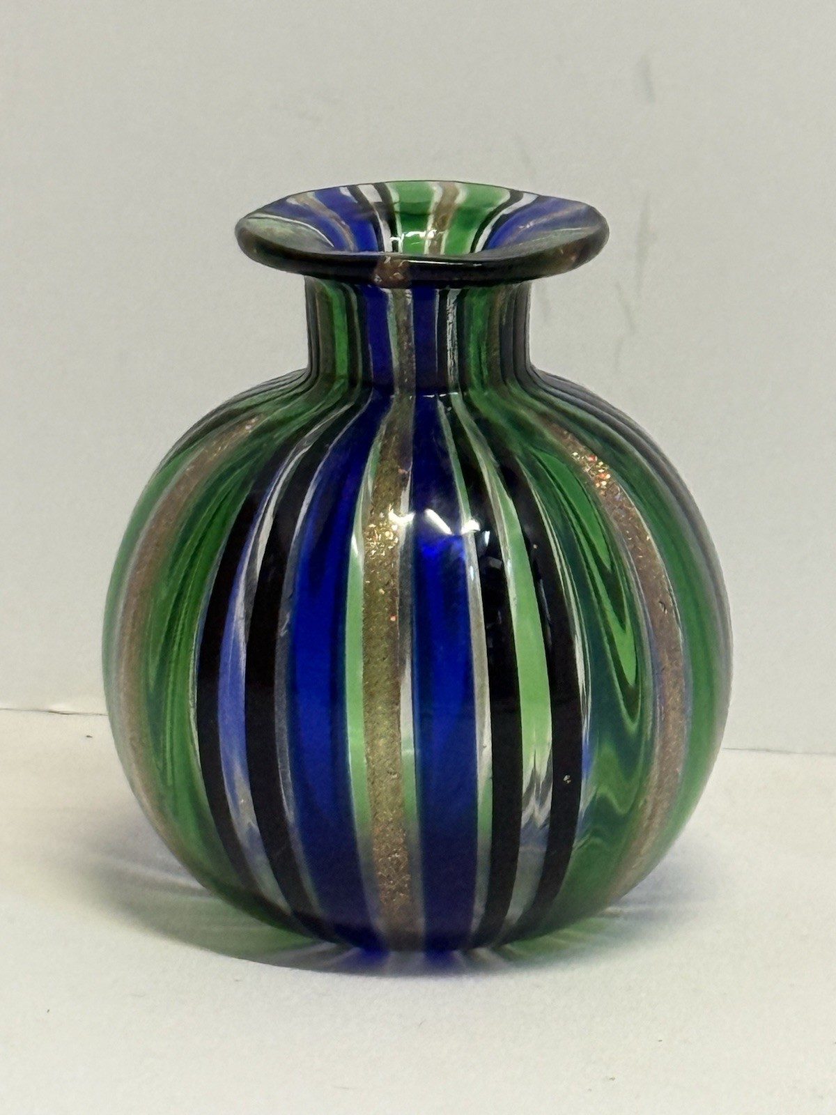 Murano Small Glass Bud Vase Blue Green Gold Foil Stripes 2.25” Tall Handblown
